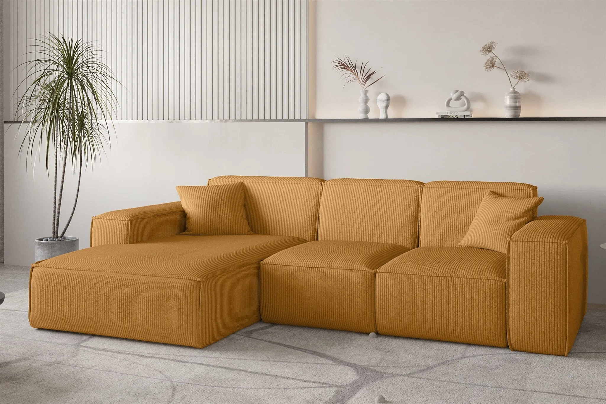 Ecksofa Designersofa CELES PREMIUM in Stoff Scala Senfgelb Ottomane Links - Fun Möbel