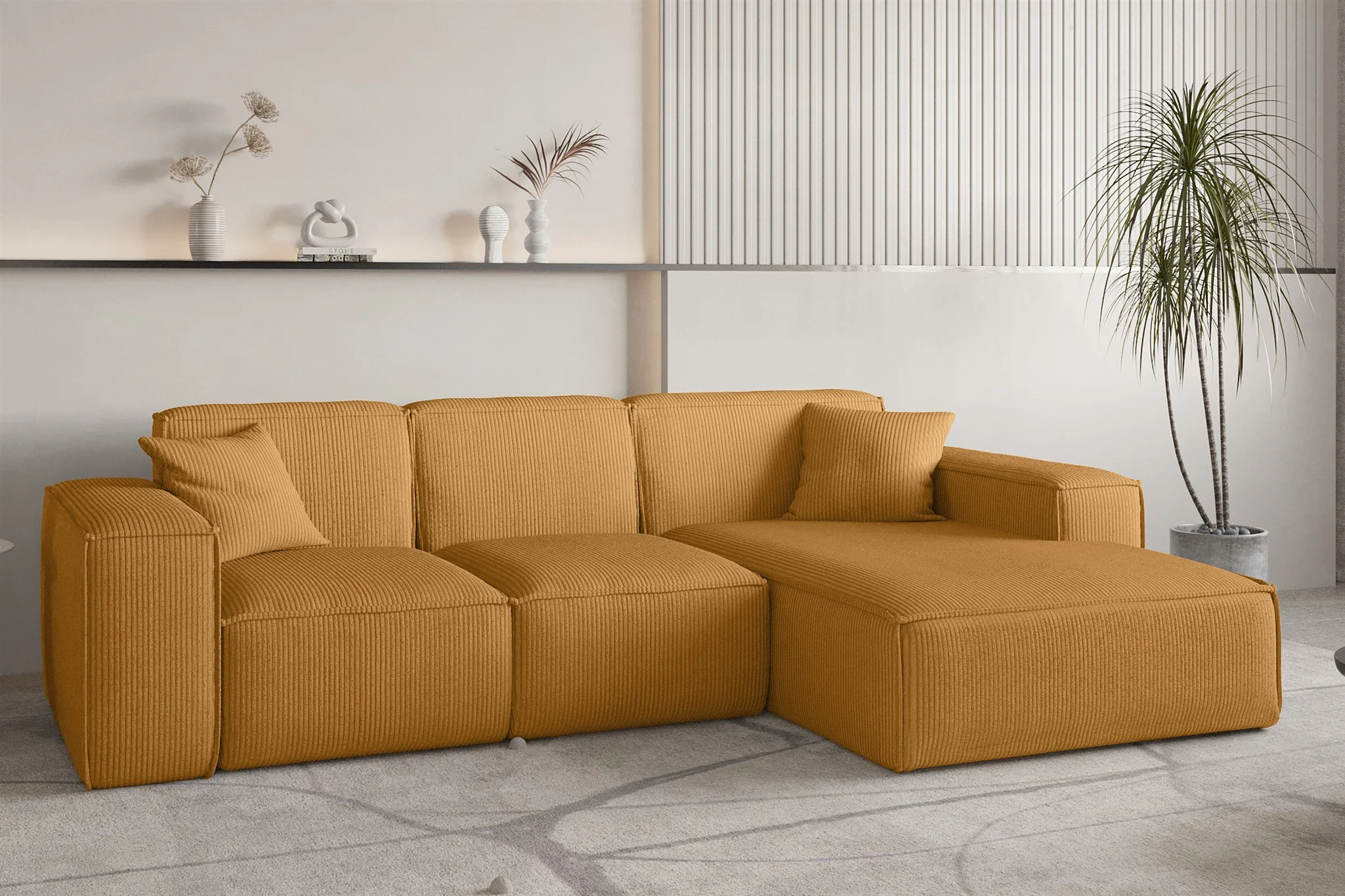 Ecksofa Designersofa CELES PREMIUM in Stoff Scala Senfgelb Ottomane Rechts - Fun Möbel