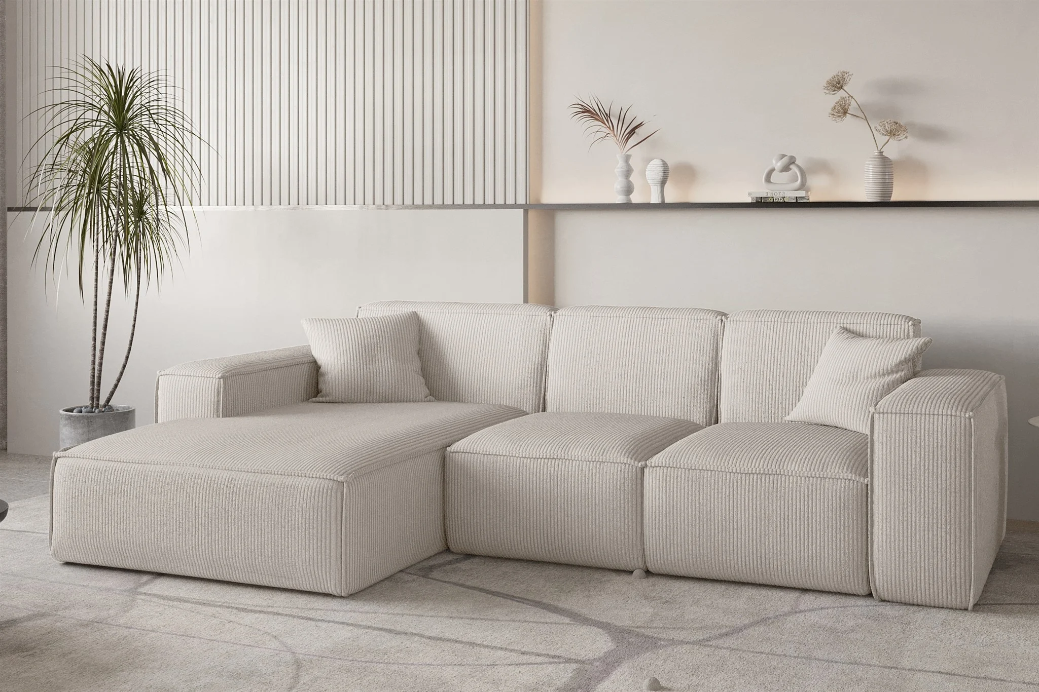 Ecksofa Designersofa CELES PREMIUM in Stoff Scala Hellbeige Ottomane Links - Fun Möbel