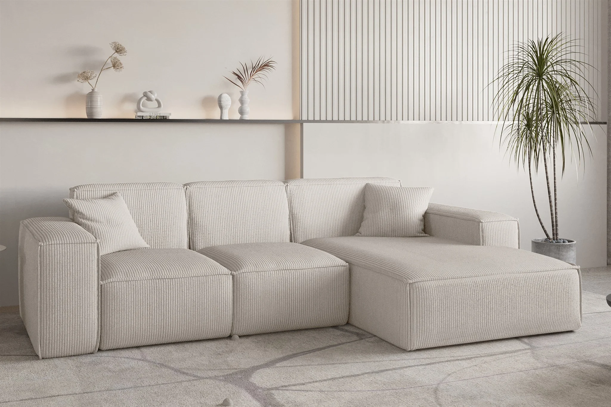 Ecksofa Designersofa CELES PREMIUM in Stoff Scala Hellbeige Ottomane Rechts - Fun Möbel