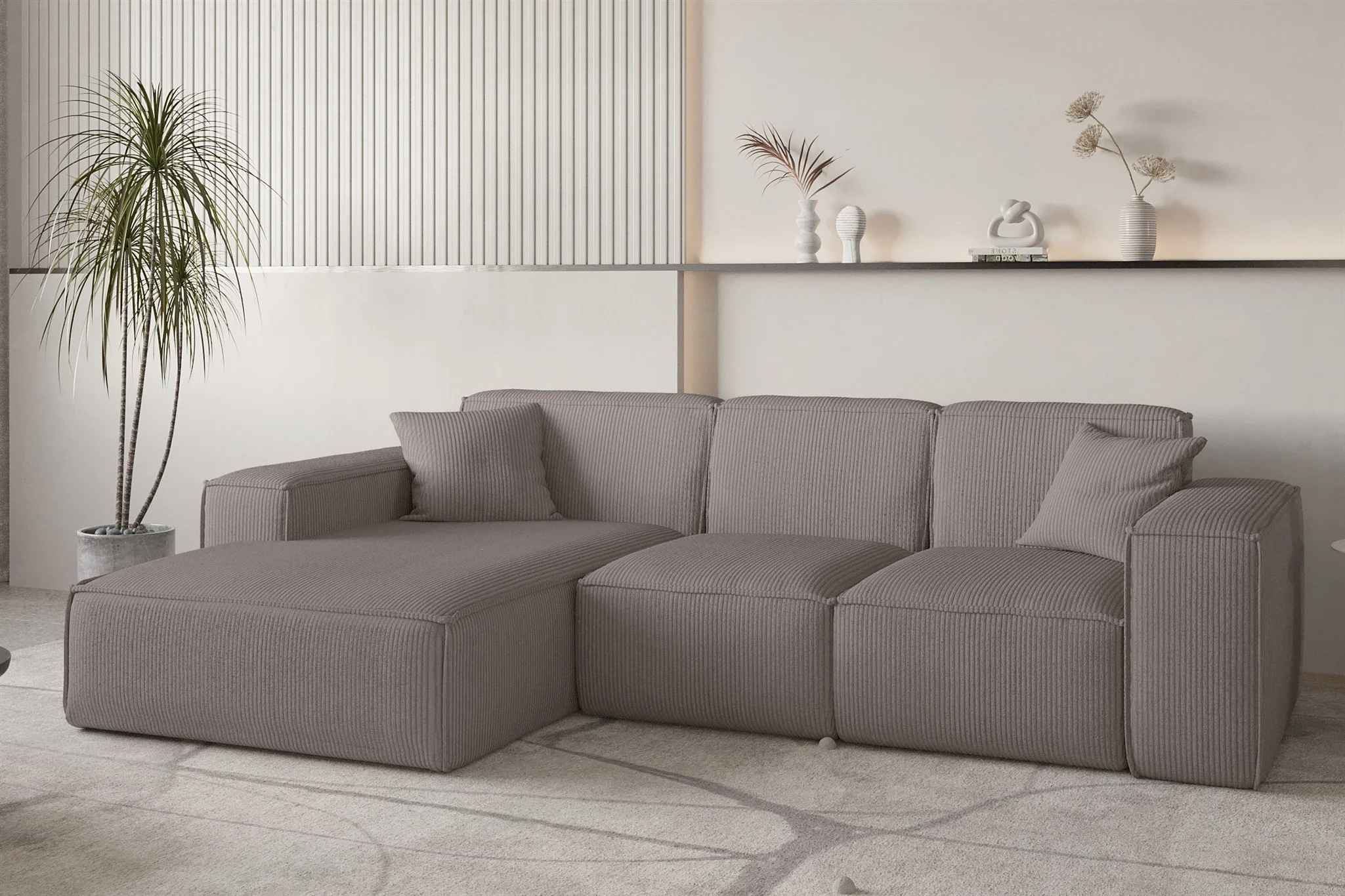 Ecksofa Designersofa CELES PREMIUM in Stoff Scala Taupe Ottomane Links - Fun Möbel