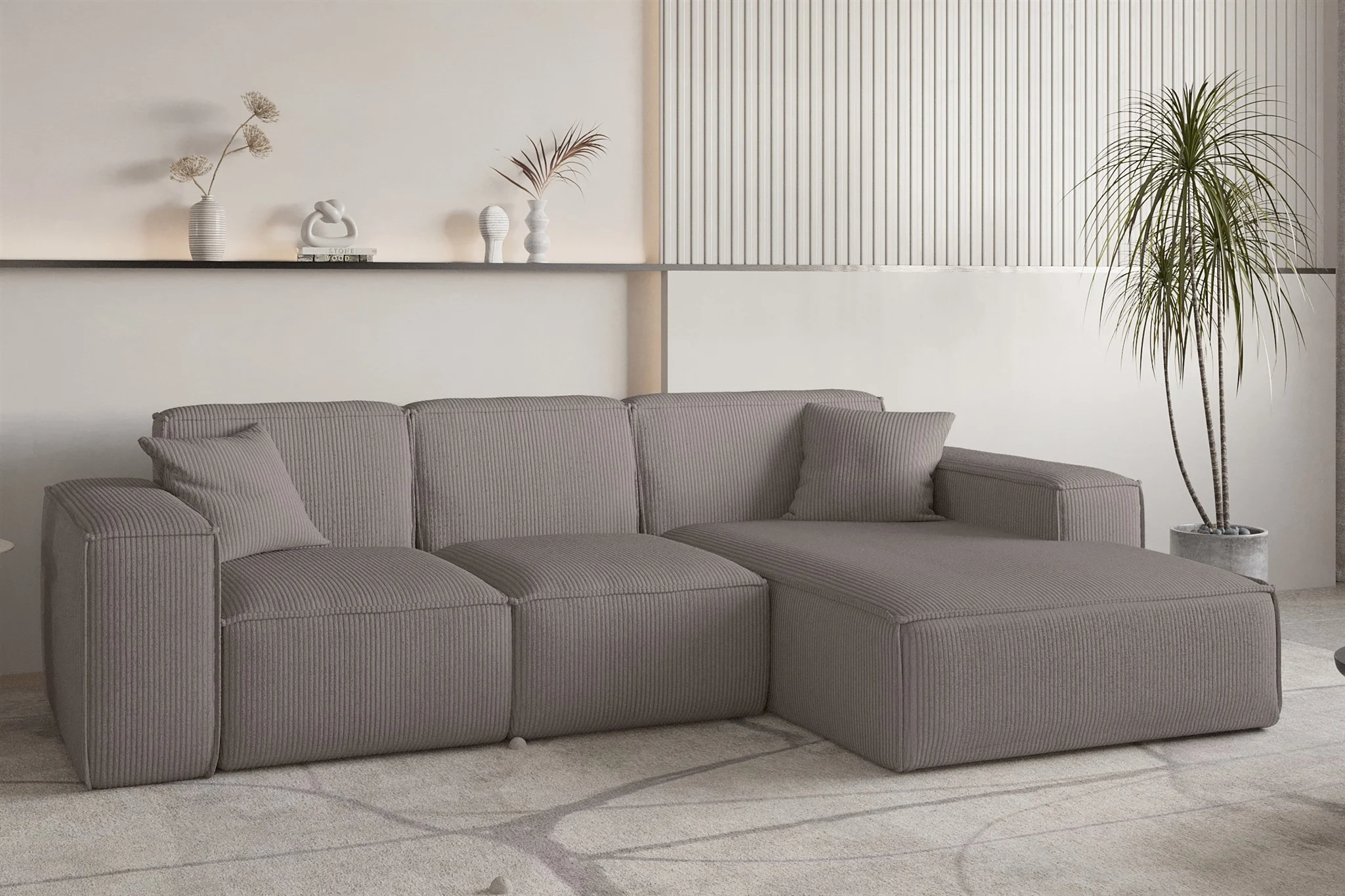 Ecksofa Designersofa CELES PREMIUM in Stoff Scala Taupe Ottomane Rechts - Fun Möbel