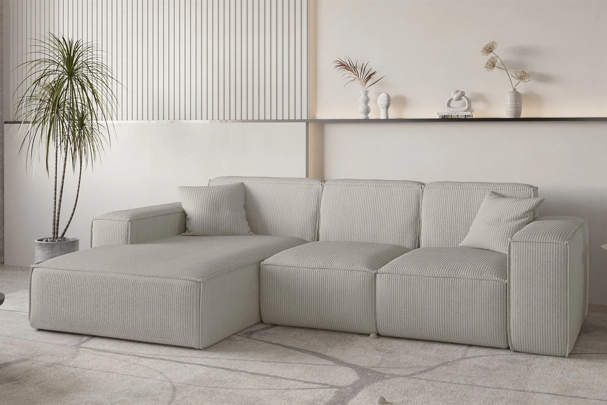 Ecksofa Designersofa CELES PREMIUM in Stoff Scala Sandgrau Ottomane Links - Fun Möbel