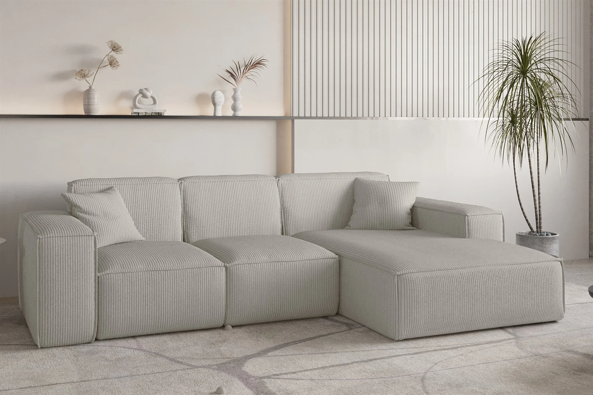 Ecksofa Designersofa CELES PREMIUM in Stoff Scala Sandgrau Ottomane Rechts - Fun Möbel