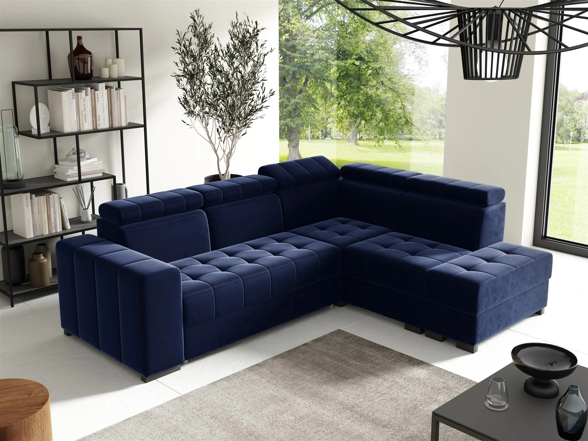 Ecksofa Schlafsofa Sofa CESENA Stoff Salvador Dunkelblau Ottomane Rechts - Fun Möbel