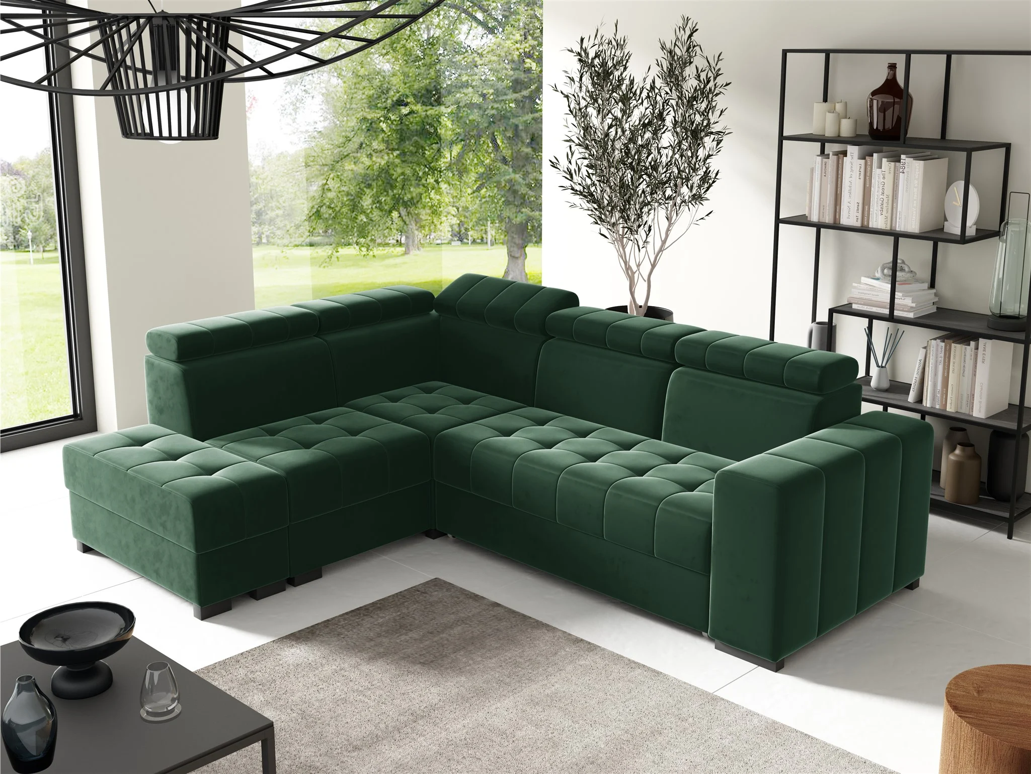 Ecksofa Schlafsofa Sofa CESENA Stoff Salvador Flaschengrün Ottomane Links - Fun Möbel