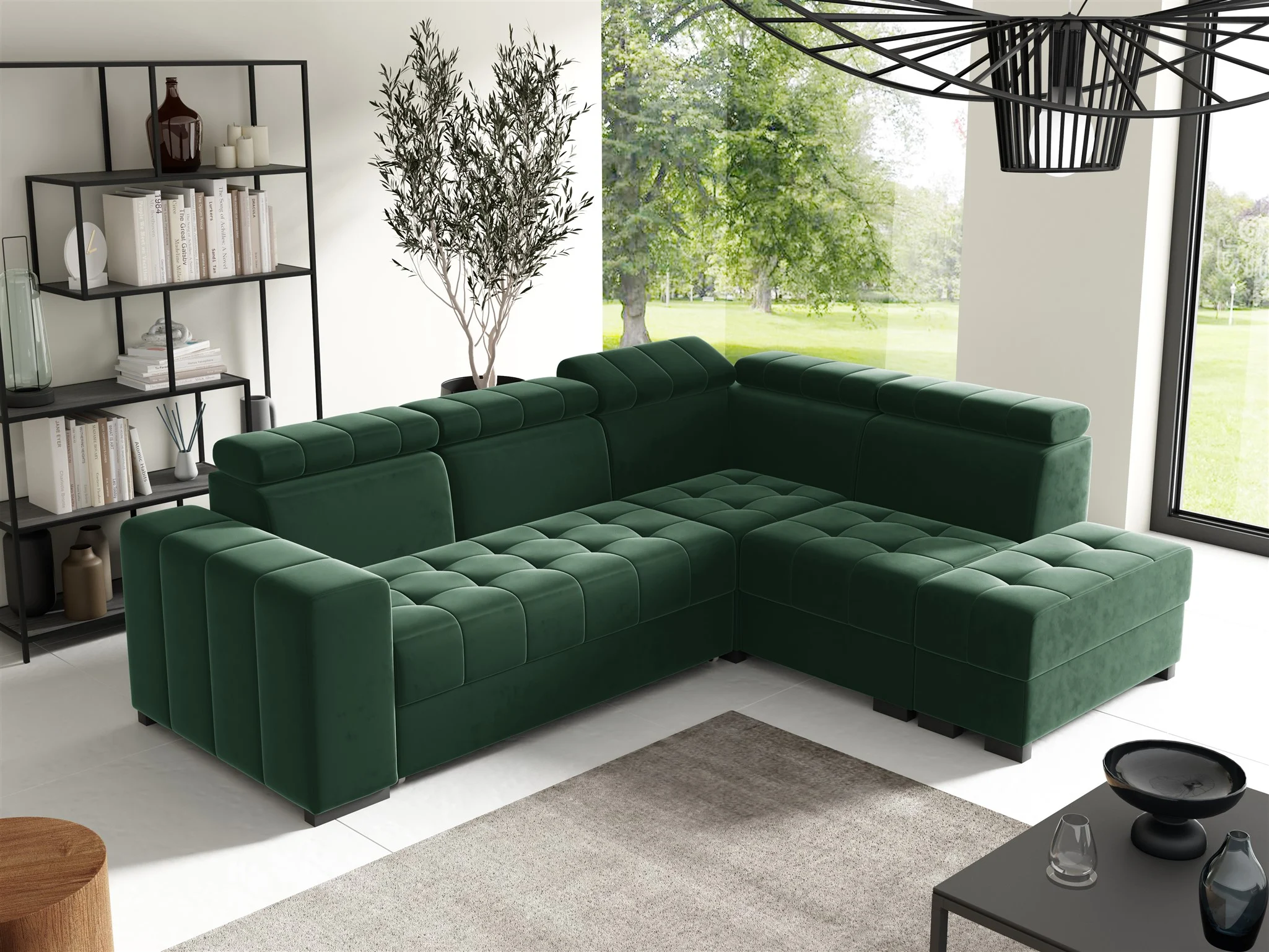 Ecksofa Schlafsofa Sofa CESENA Stoff Salvador Flaschengrün Ottomane Rechts - Fun Möbel