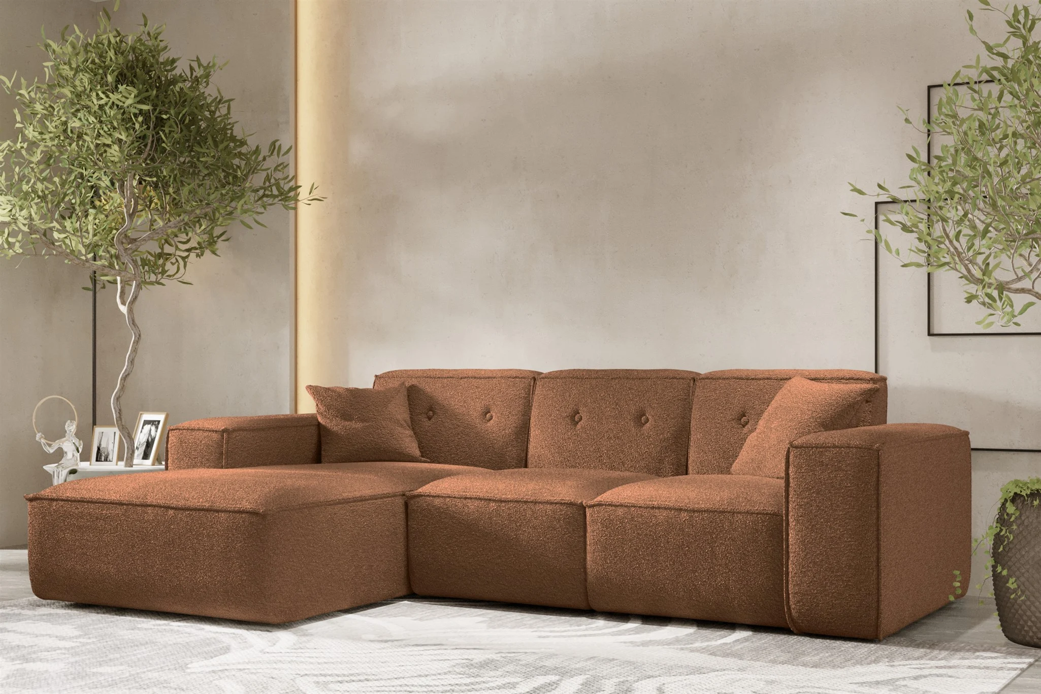 Ecksofa Designersofa CESINA Stoff Ascot Bukla Rostbraun Ottomane Links - Fun Möbel