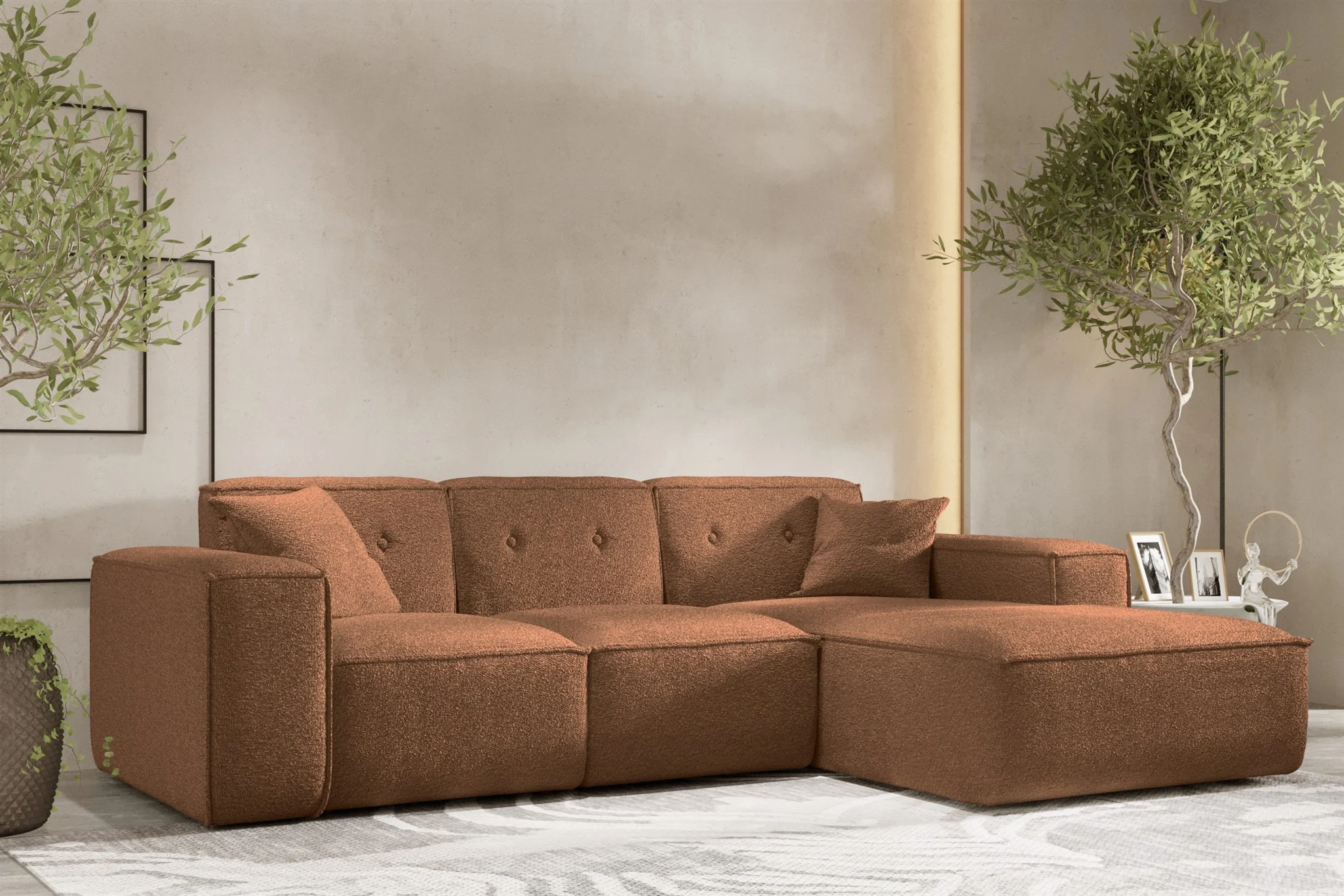 Ecksofa Designersofa CESINA Stoff Ascot Bukla Rostbraun Ottomane Rechts - Fun Möbel