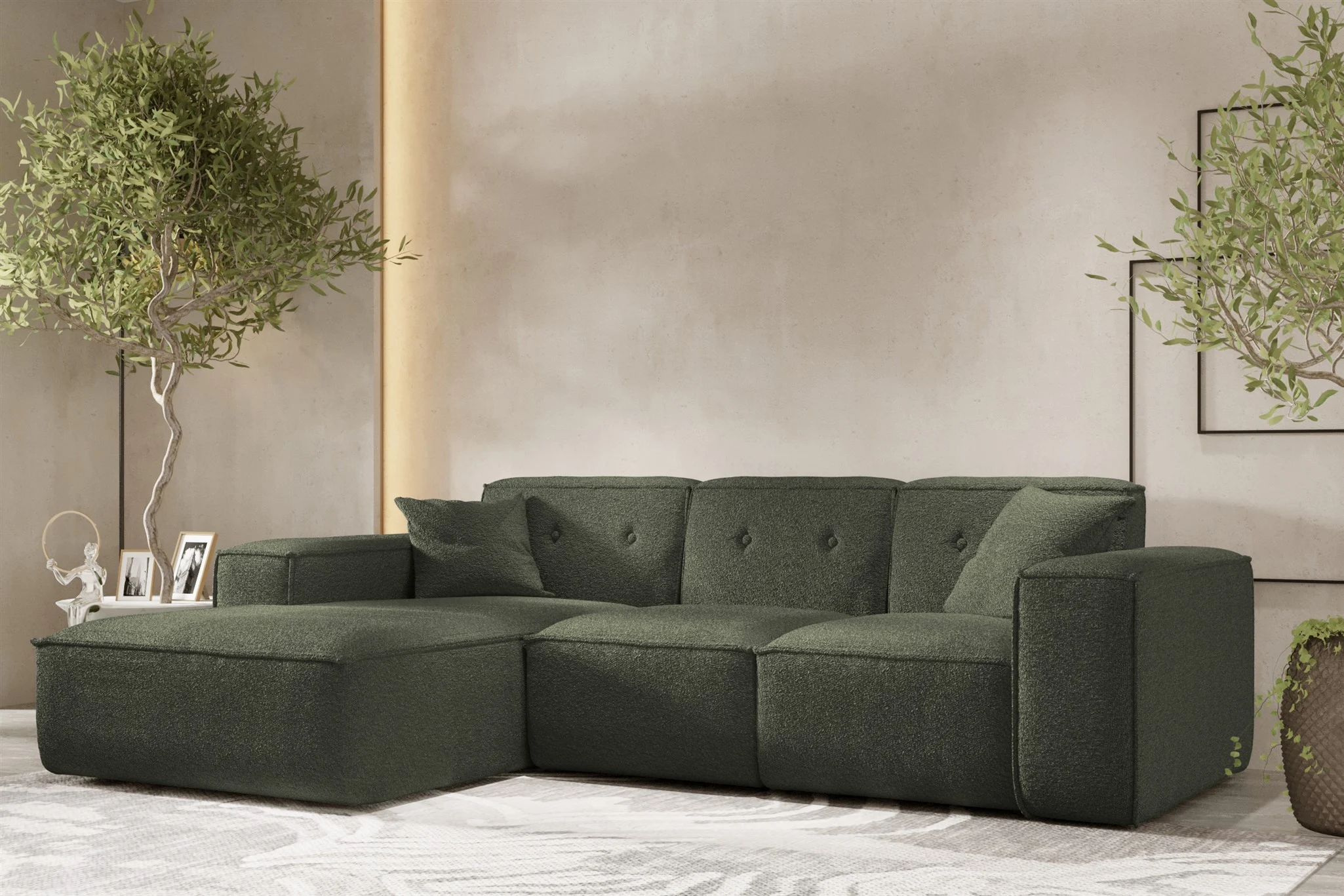 Ecksofa Designersofa CESINA Stoff Ascot Bukla Winter Moss Ottomane Links - Fun Möbel