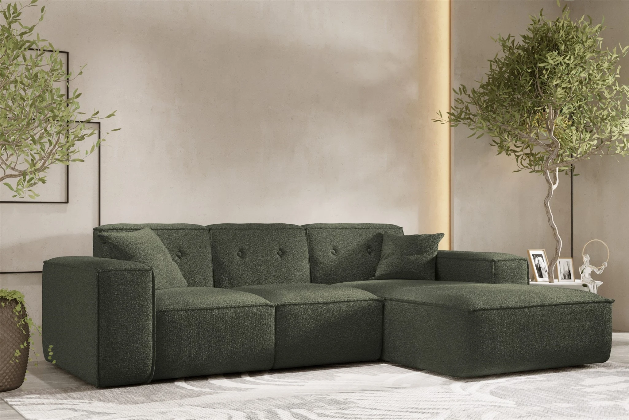 Ecksofa Designersofa CESINA Stoff Ascot Bukla Winter Moss Ottomane Rechts - Fun Möbel