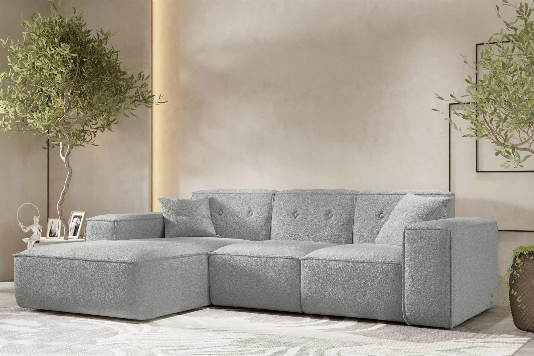 Ecksofa Designersofa CESINA Stoff Ascot Bukla Grau Ottomane Links - Fun Möbel