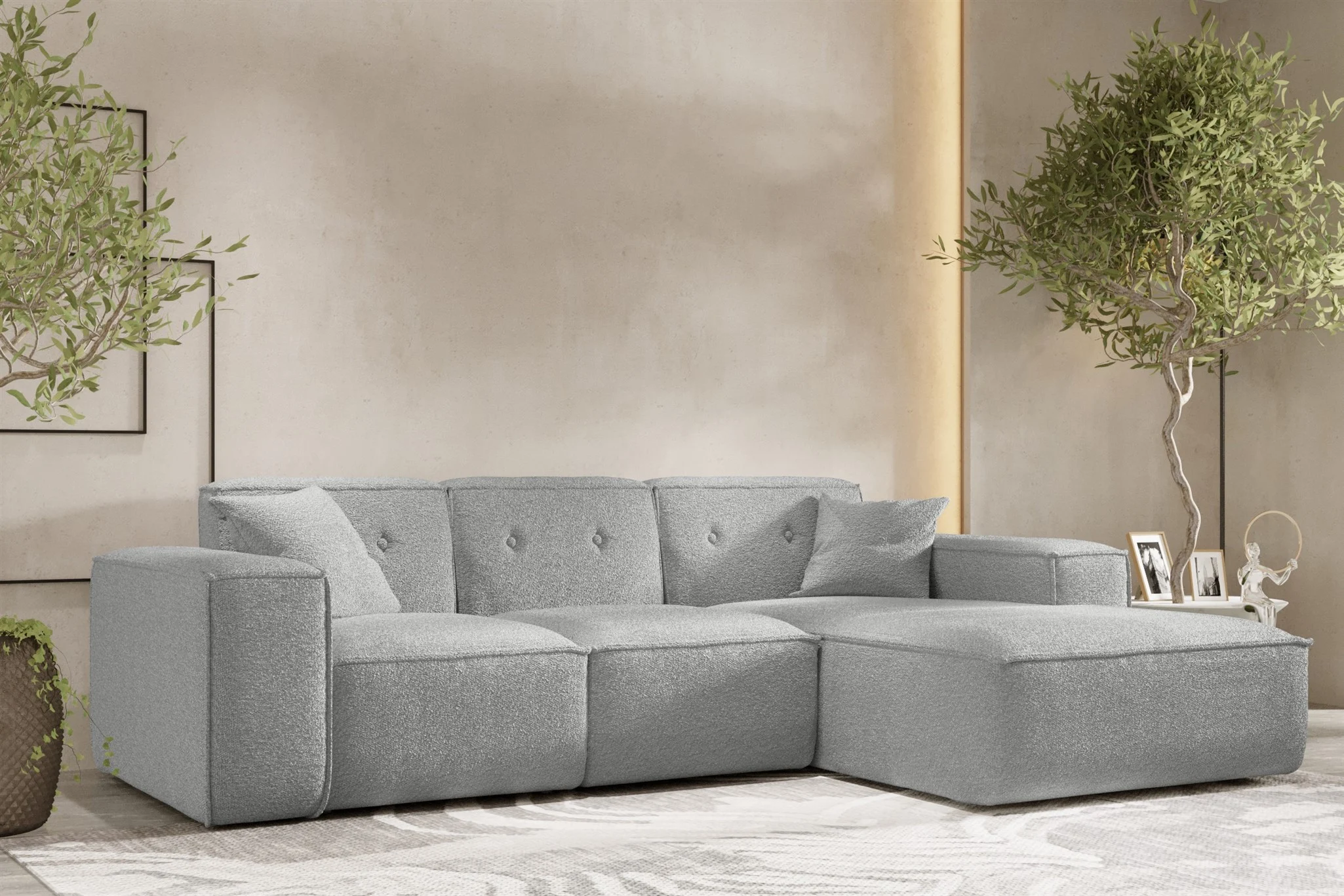 Ecksofa Designersofa CESINA Stoff Ascot Bukla Grau Ottomane Rechts - Fun Möbel