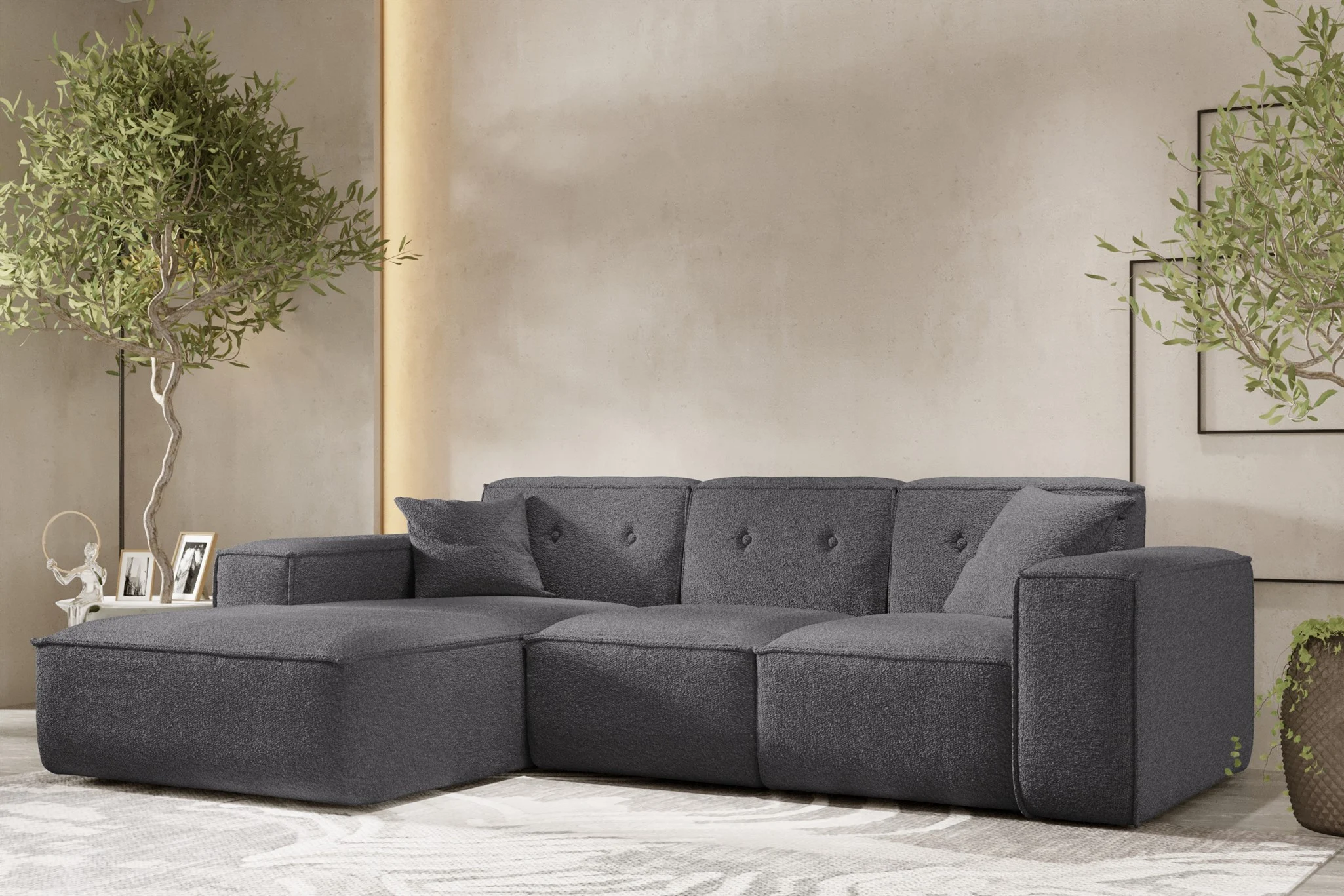 Ecksofa Designersofa CESINA Stoff Ascot Bukla Grafit Ottomane Links - Fun Möbel