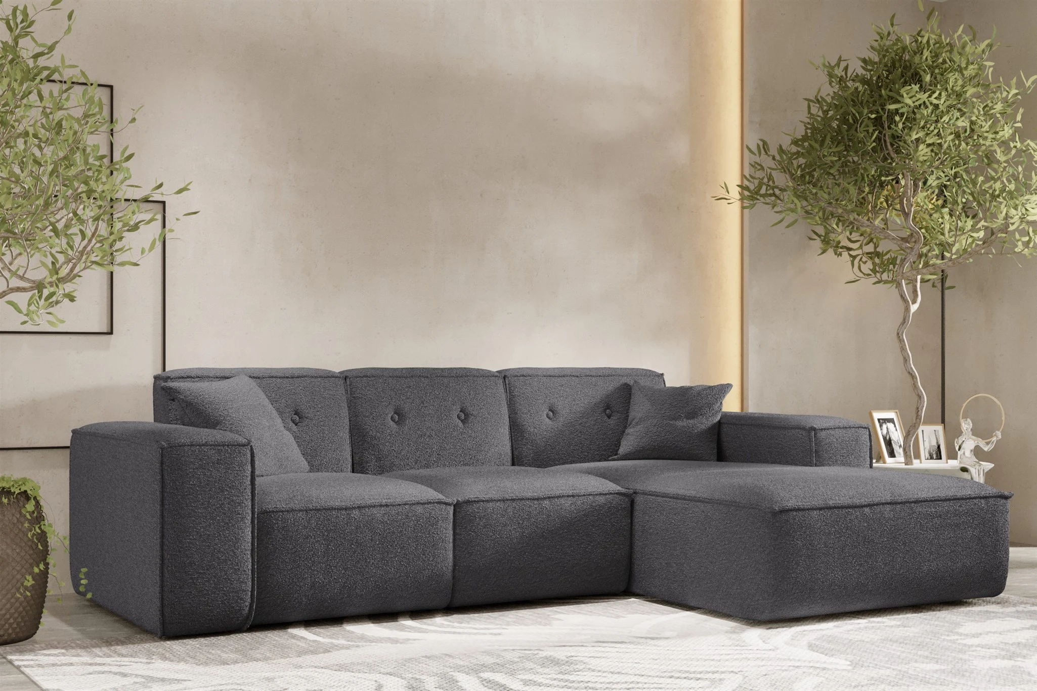 Ecksofa Designersofa CESINA Stoff Ascot Bukla Grafit Ottomane Rechts - Fun Möbel