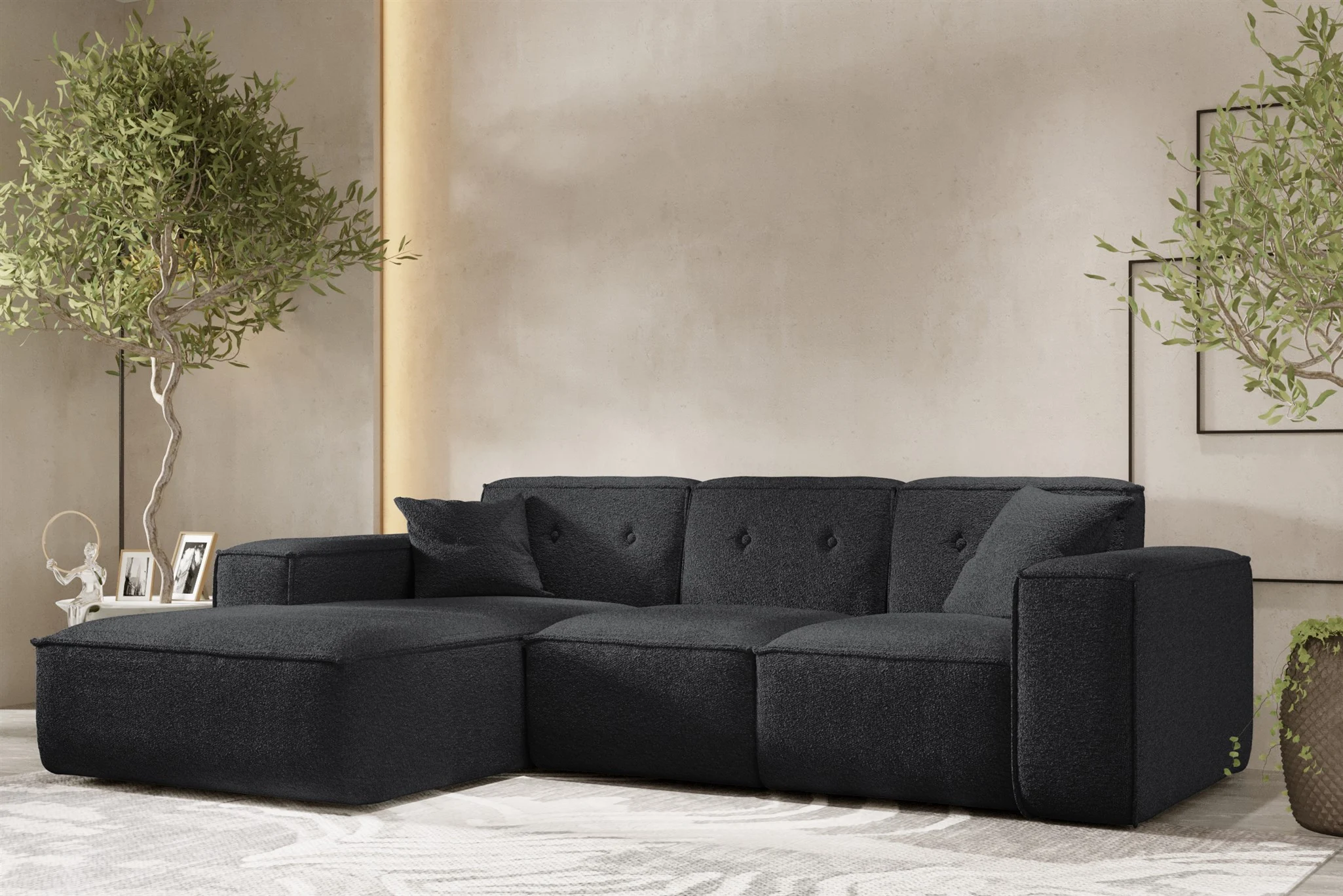 Ecksofa Designersofa CESINA Stoff Ascot Bukla Schwarz Ottomane Links - Fun Möbel