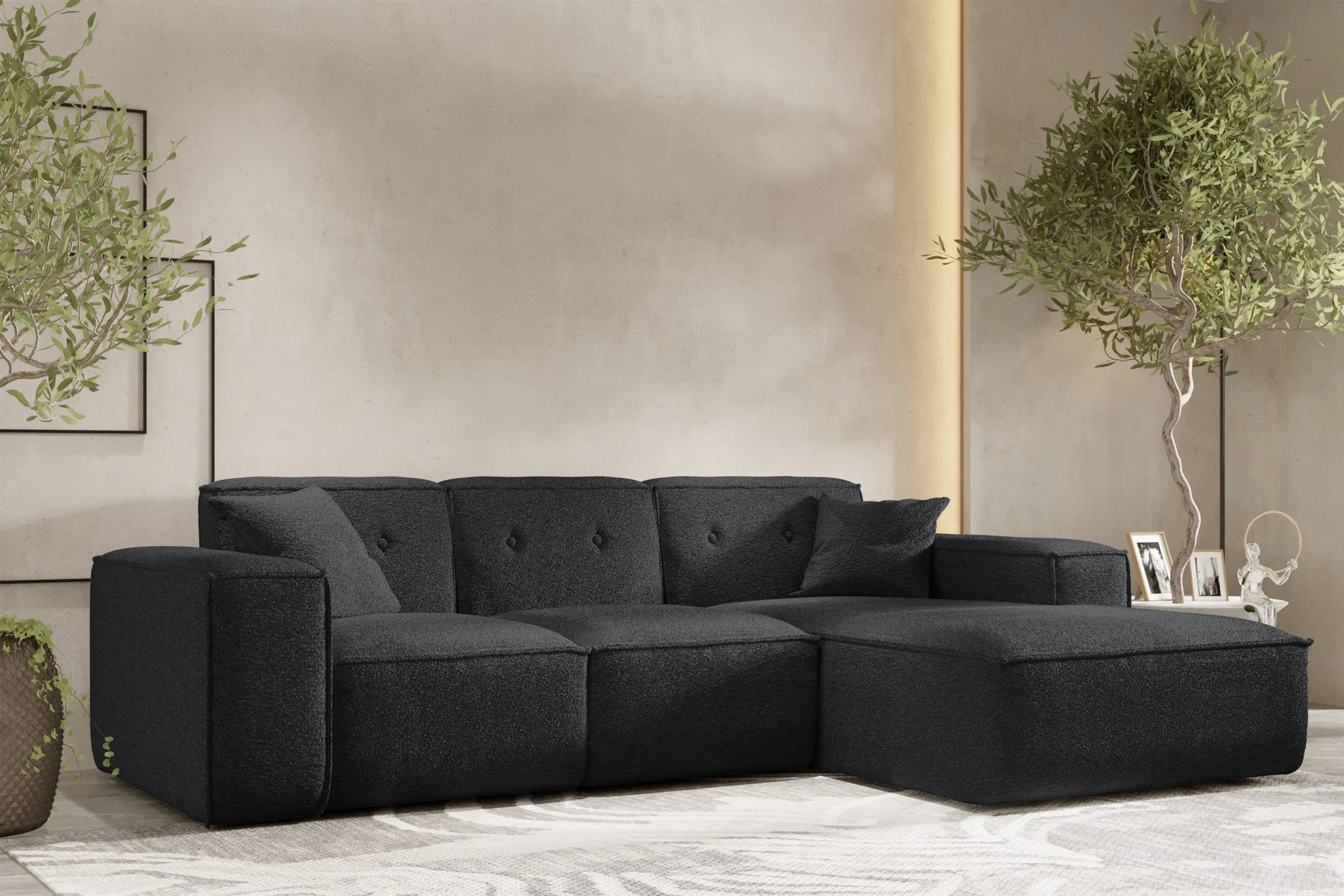 Ecksofa Designersofa CESINA Stoff Ascot Bukla Schwarz Ottomane Rechts - Fun Möbel