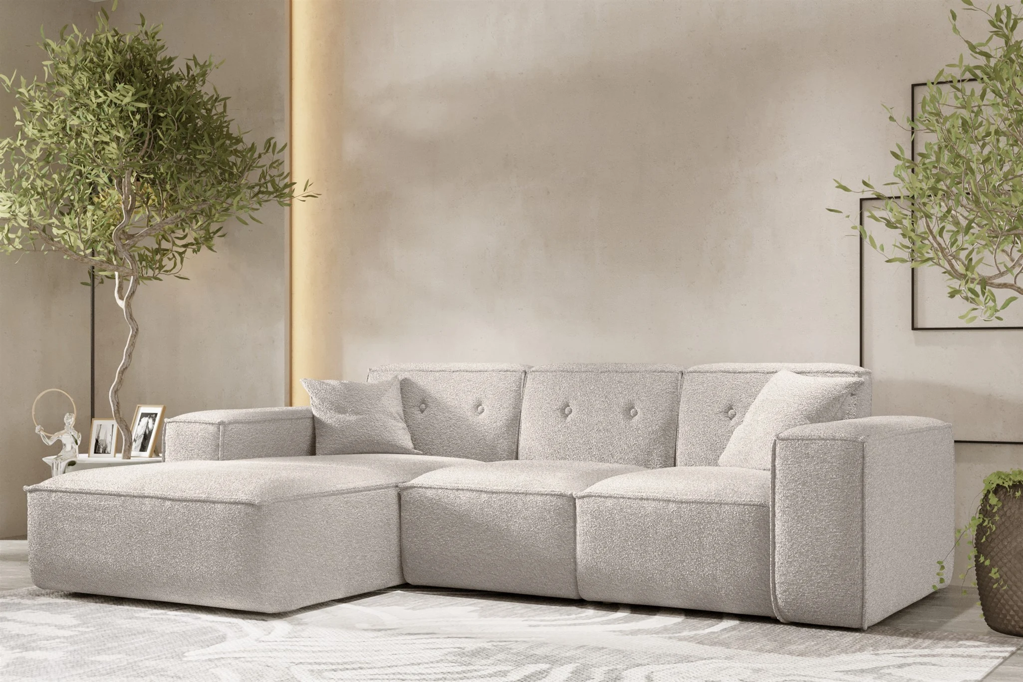 Ecksofa Designersofa CESINA Stoff Ascot Bukla Creme Ottomane Links - Fun Möbel