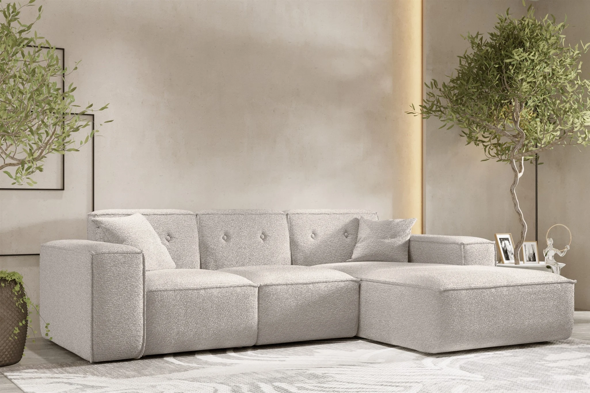 Ecksofa Designersofa CESINA Stoff Ascot Bukla Creme Ottomane Rechts - Fun Möbel