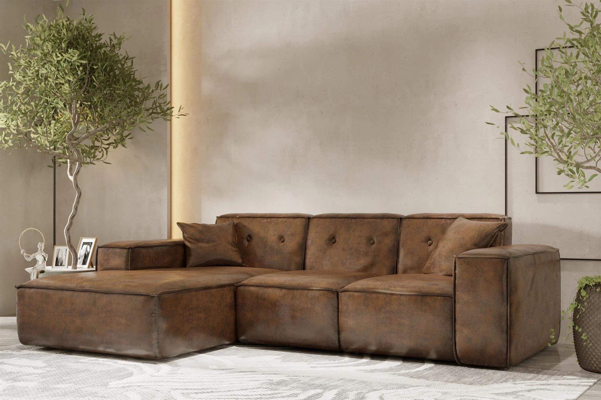 Ecksofa Designersofa CESINA Stoff Gobi (Vintage Look) Braun Ottomane Links - Fun Möbel