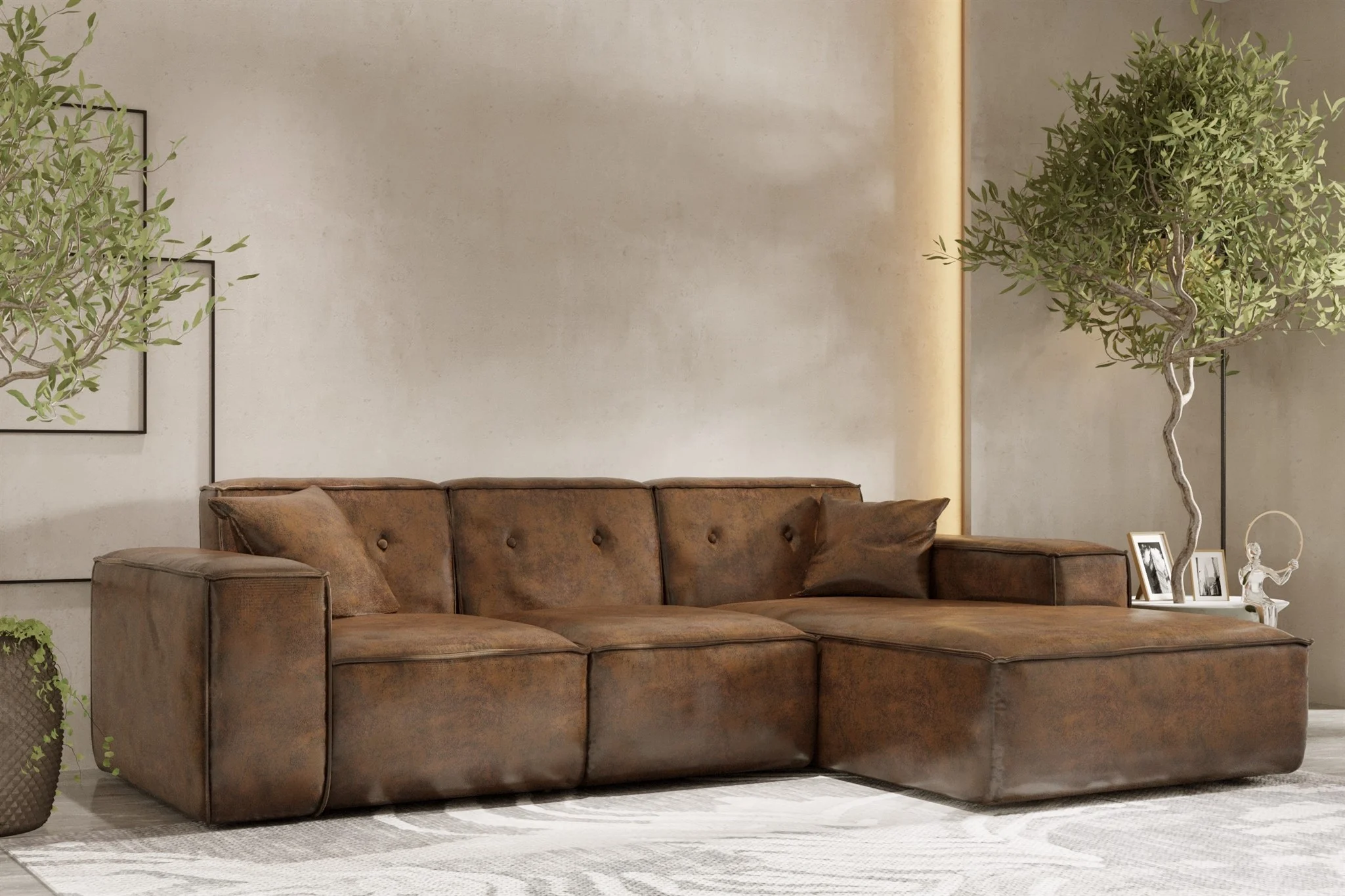 Ecksofa Designersofa CESINA Stoff Gobi (Vintage Look) Braun Ottomane Rechts - Fun Möbel