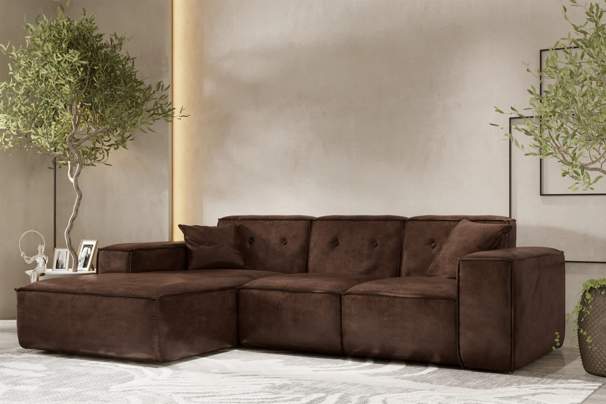 Ecksofa Designersofa CESINA Stoff Gobi (Vintage Look) Dunkelbraun Ottomane Links - Fun Möbel