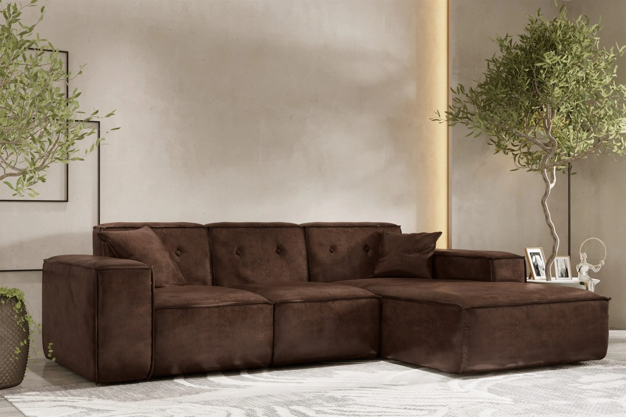 Ecksofa Designersofa CESINA Stoff Gobi (Vintage Look) Dunkelbraun Ottomane Rechts - Fun Möbel