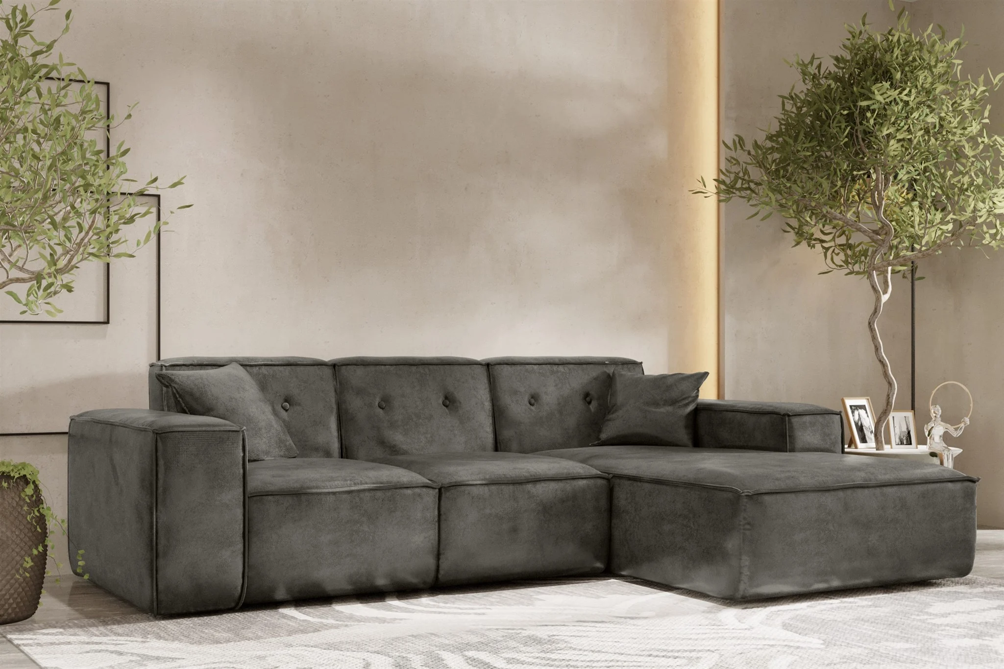 Ecksofa Designersofa CESINA Stoff Gobi (Vintage Look) Anthrazit Ottomane Rechts - Fun Möbel