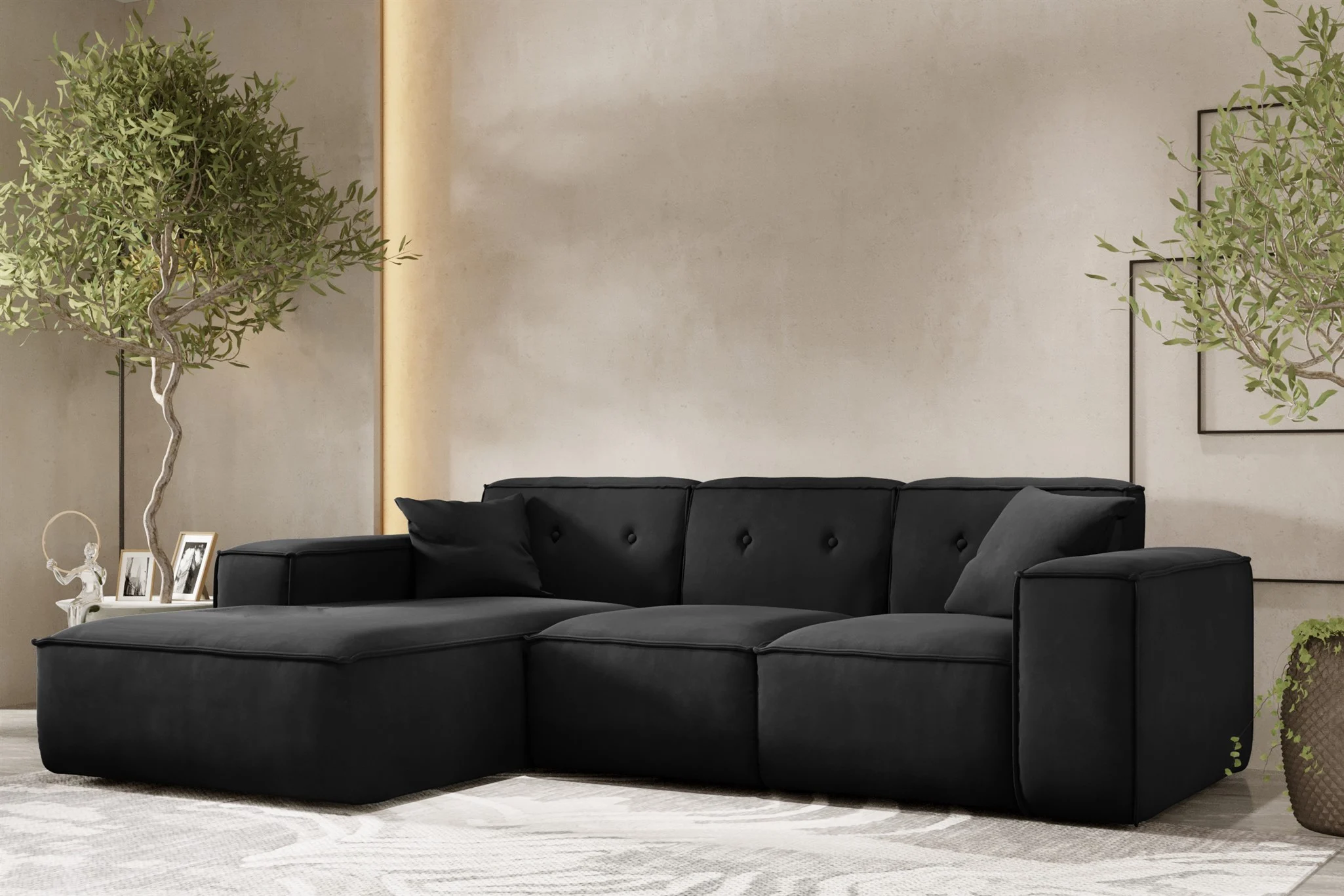 Ecksofa Designersofa CESINA Stoff Opera Velvet Schwarz Ottomane Links - Fun Moebel