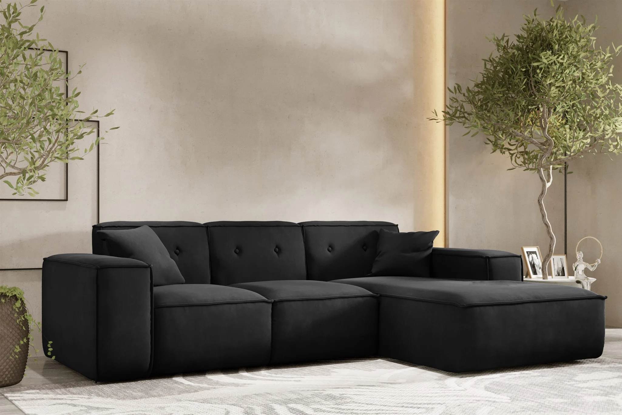 Ecksofa Designersofa CESINA Stoff Opera Velvet Schwarz Ottomane Rechts - Fun Moebel