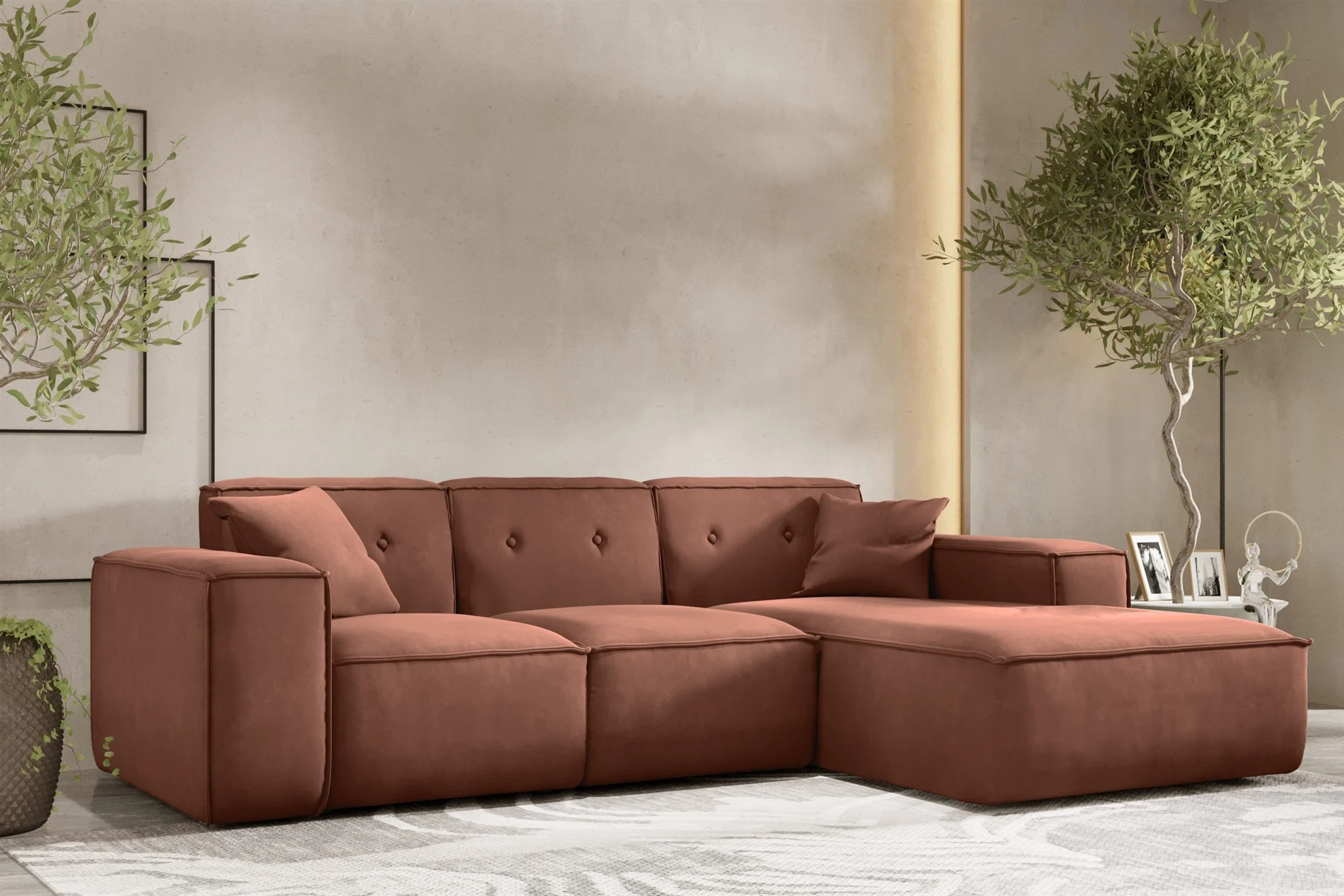 Ecksofa Designersofa CESINA Stoff Opera Velvet Braun Ottomane Rechts - Fun Möbel