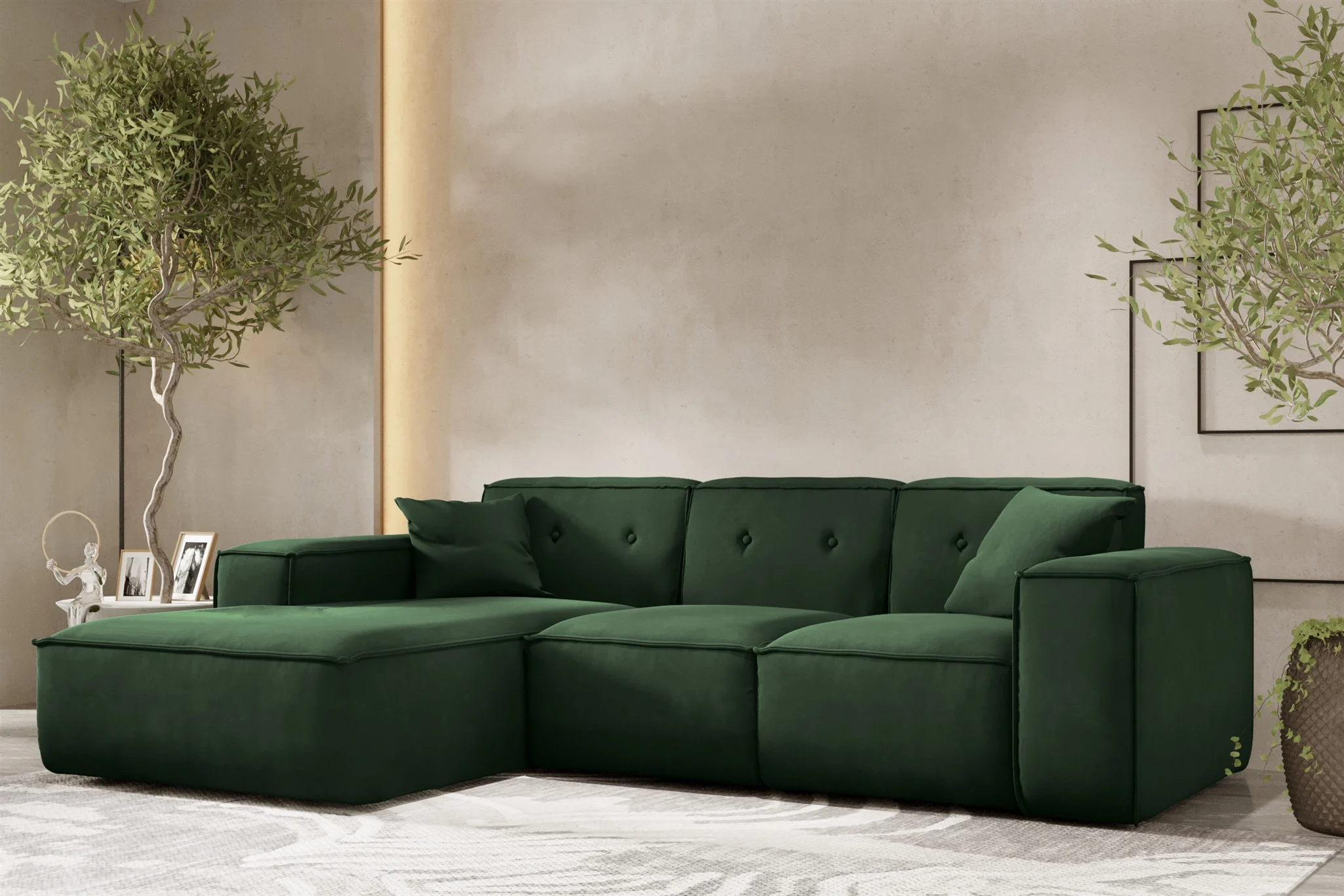 Ecksofa Designersofa CESINA Stoff Opera Velvet Dunkelgrün Ottomane Links - Fun Möbel