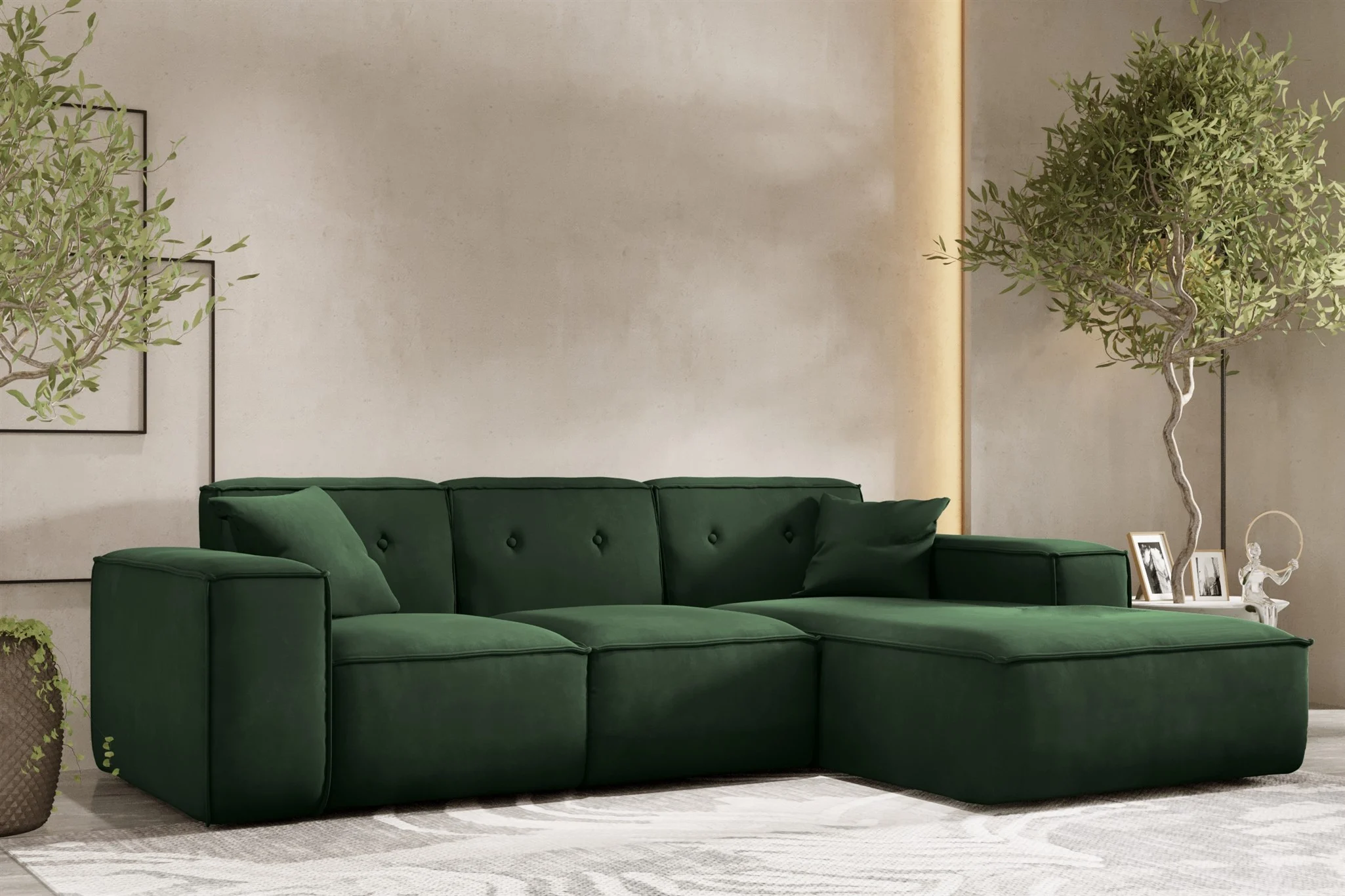 Ecksofa Designersofa CESINA Stoff Opera Velvet Dunkelgrün Ottomane Rechts - Fun Möbel