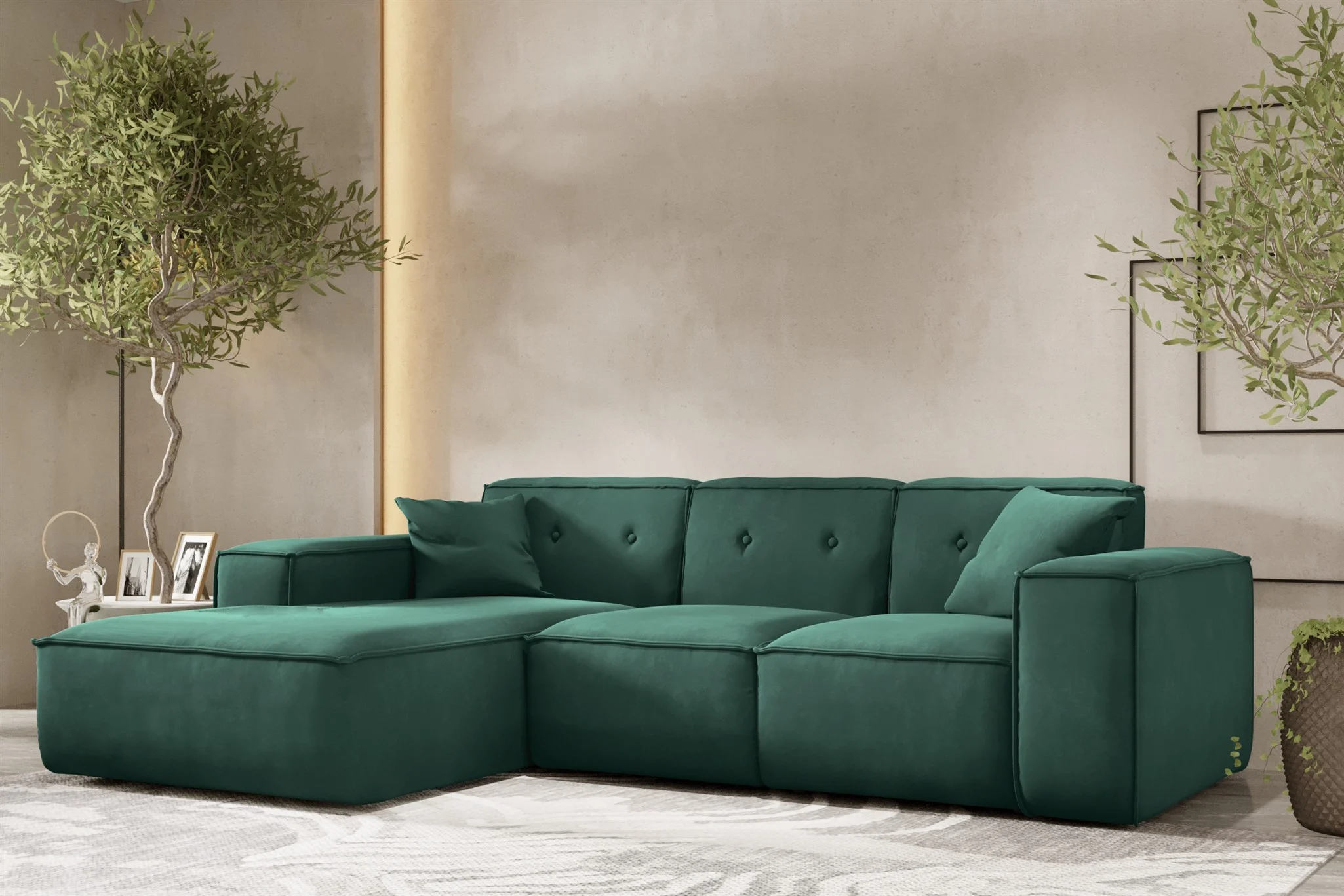 Ecksofa Designersofa CESINA Stoff Opera Velvet Grün Ottomane Links - Fun Möbel