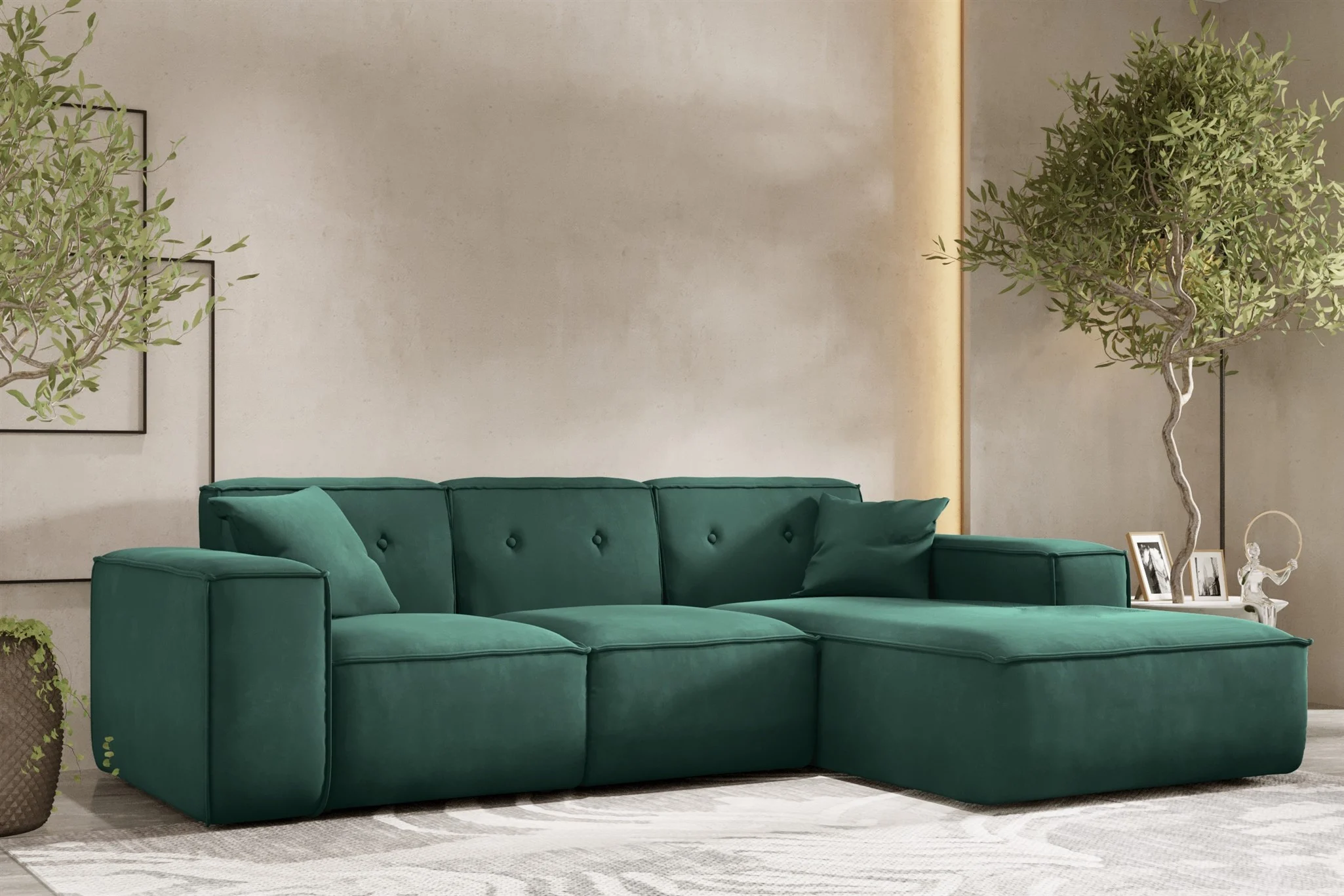 Ecksofa Designersofa CESINA Stoff Opera Velvet Grün Ottomane Rechts - Fun Möbel
