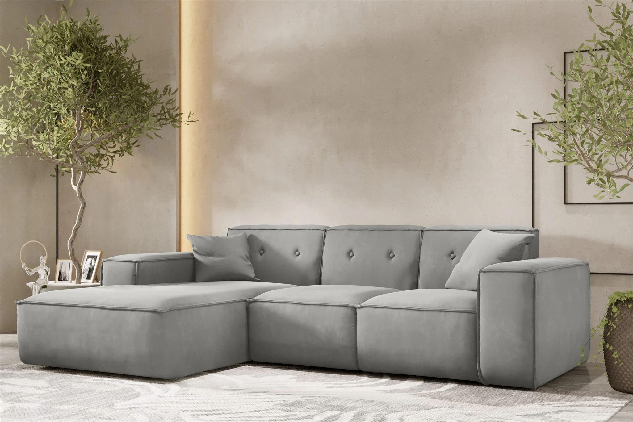 Ecksofa Designersofa CESINA Stoff Opera Velvet Steingrau Ottomane Links - Fun Möbel