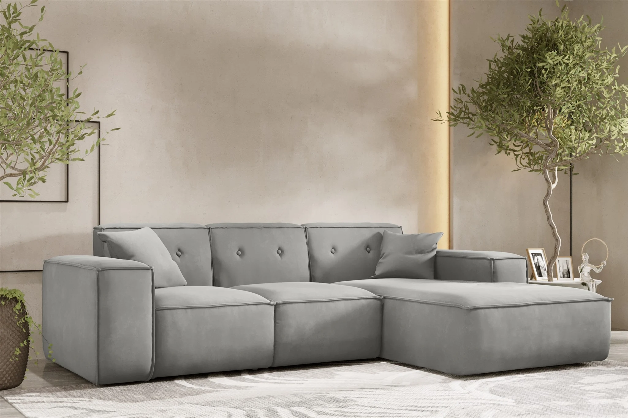 Ecksofa Designersofa CESINA Stoff Opera Velvet Steingrau Ottomane Rechts - Fun Möbel