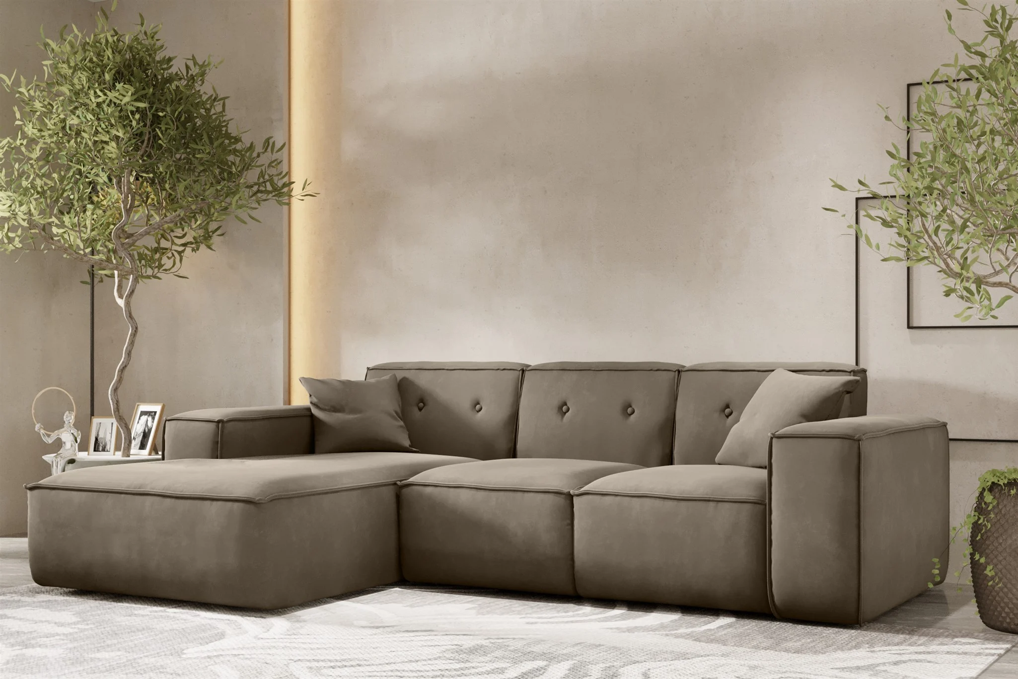 Ecksofa Designersofa CESINA Stoff Opera Velvet Taupe Ottomane Links - Fun Möbel