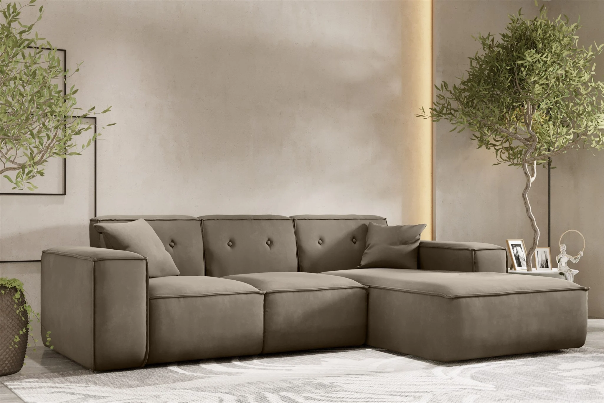 Ecksofa Designersofa CESINA Stoff Opera Velvet Taupe Ottomane Rechts - Fun Möbel