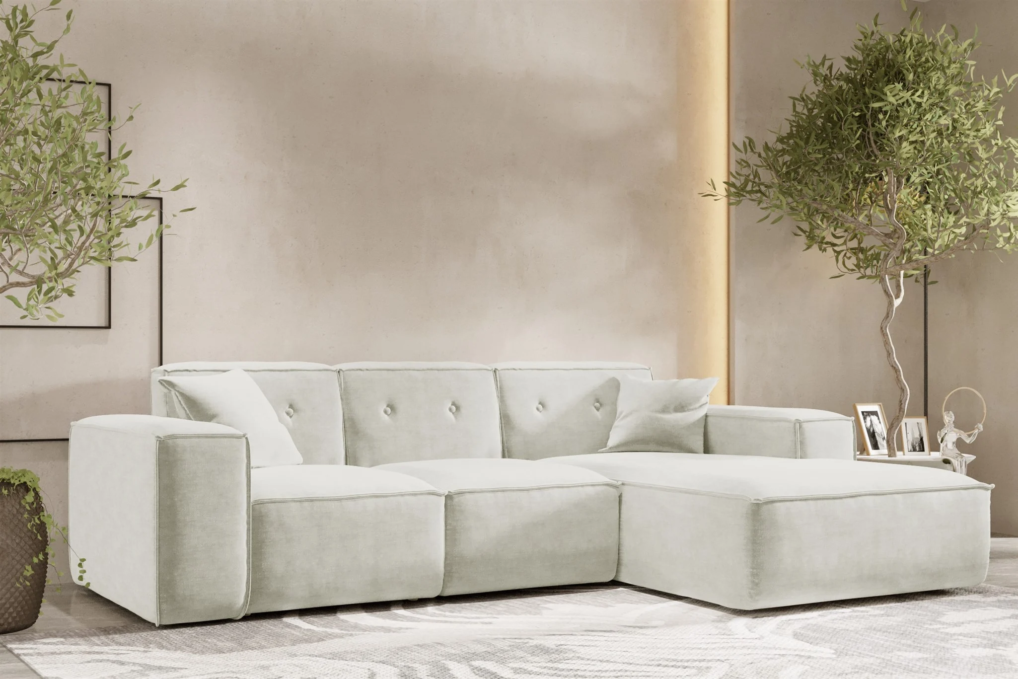 Ecksofa Designersofa CESINA Stoff Perfect Harmony Cremeweiß Ottomane Rechts - Fun Möbel