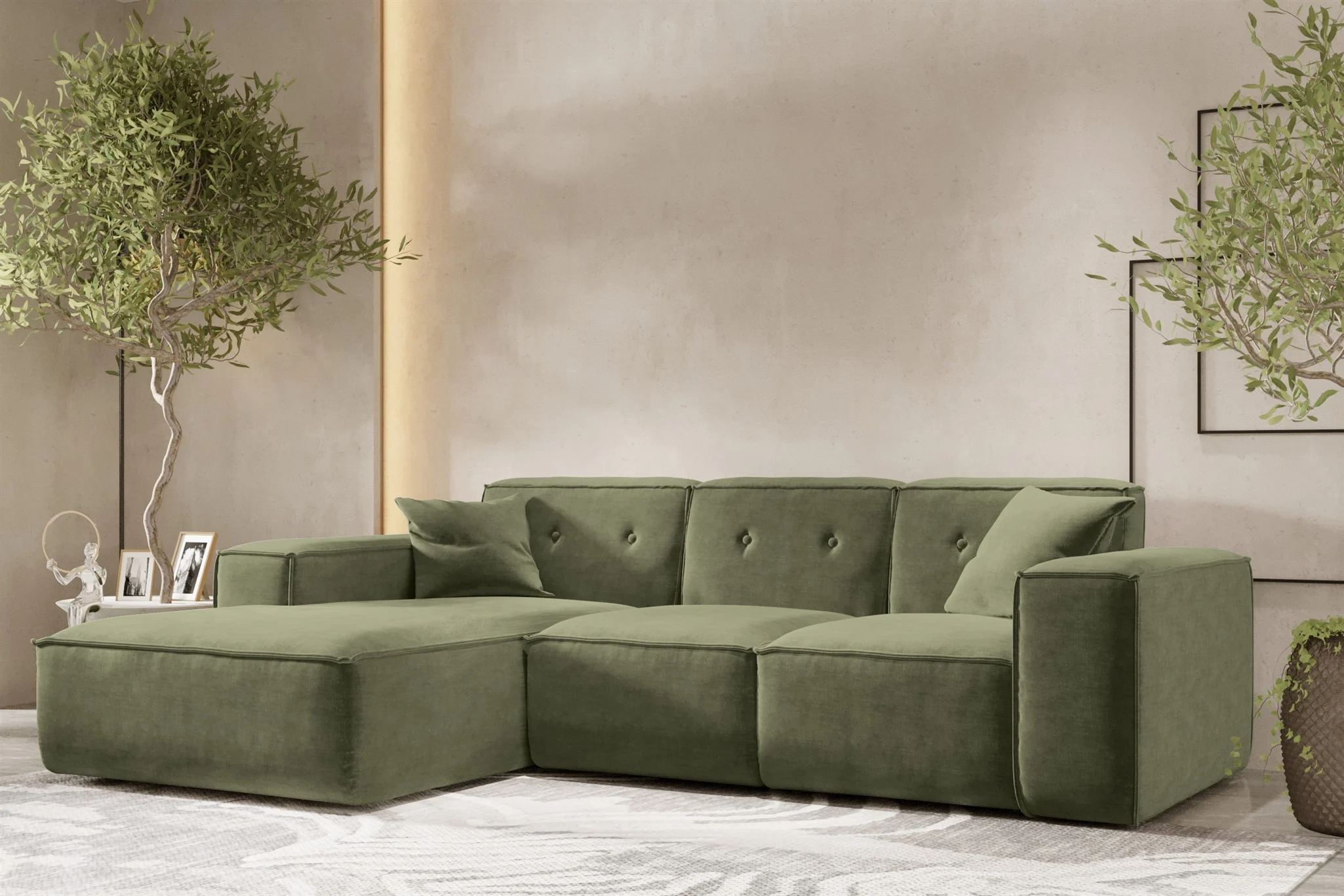 Ecksofa Designersofa CESINA Stoff Perfect Harmony Waldgrün Ottomane Links - Fun Möbel