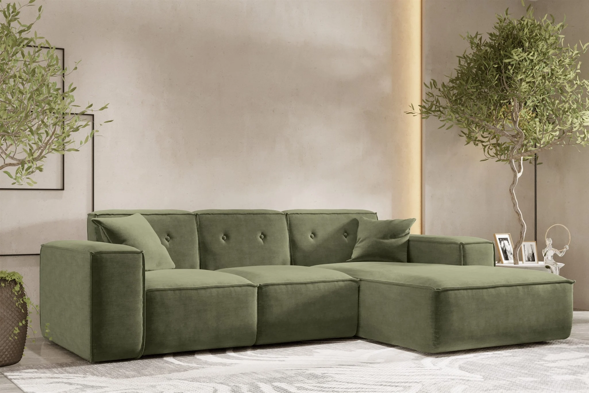 Ecksofa Designersofa CESINA Stoff Perfect Harmony Waldgrün Ottomane Rechts - Fun Möbel