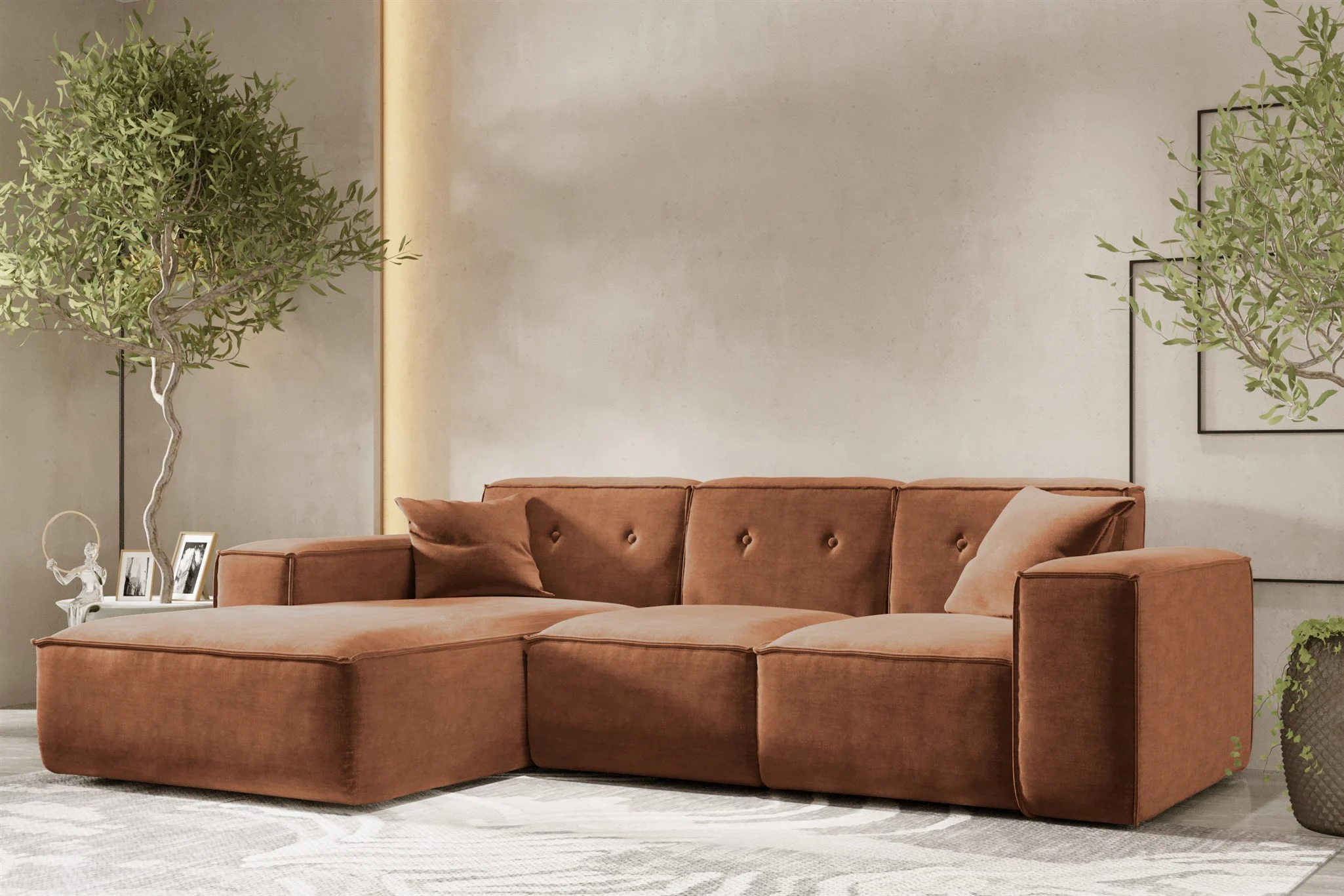 Ecksofa Designersofa CESINA Stoff Perfect Harmony Rostbraun Ottomane Links - Fun Möbel