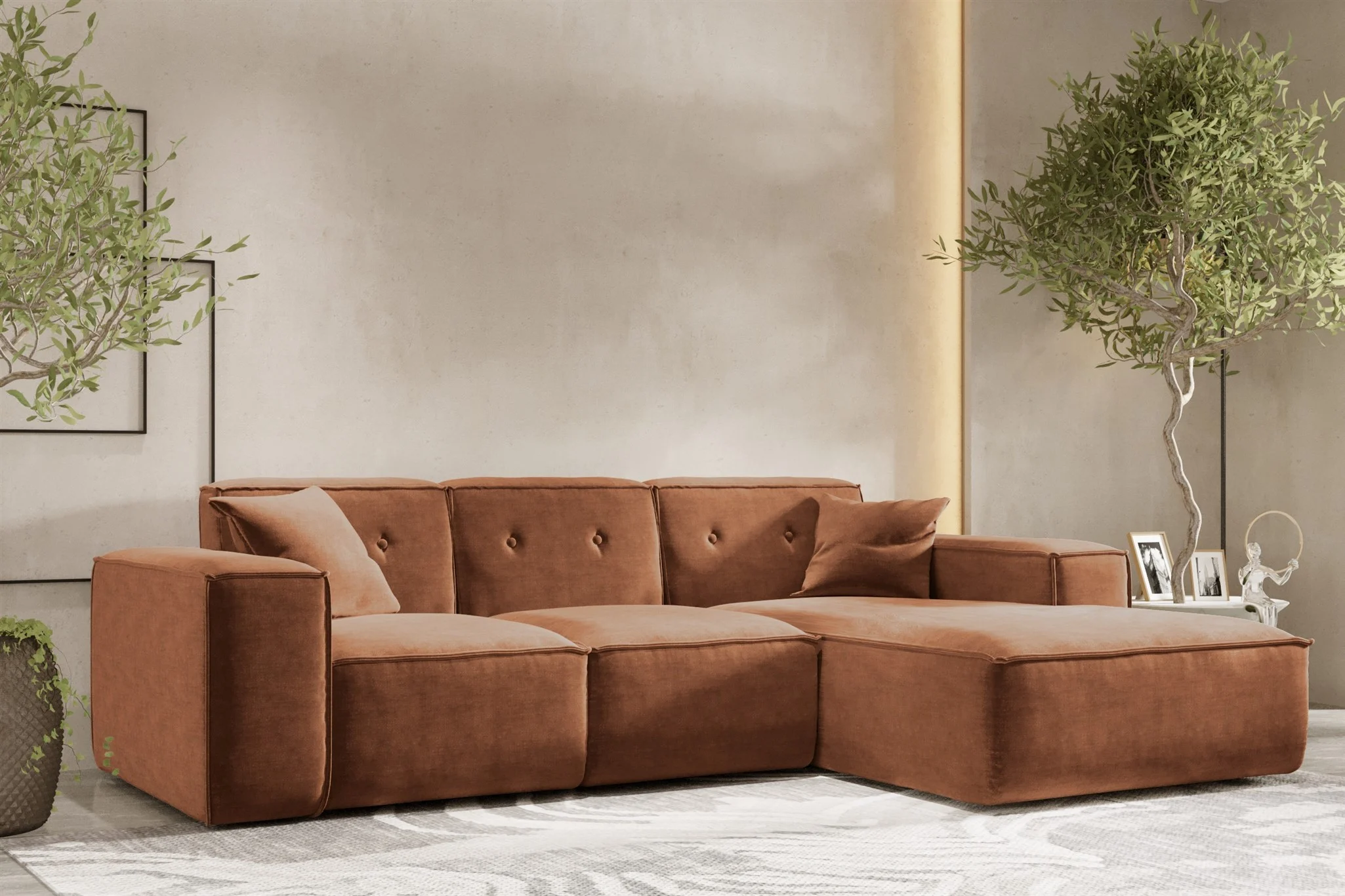 Ecksofa Designersofa CESINA Stoff Perfect Harmony Rostbraun Ottomane Rechts - Fun Möbel