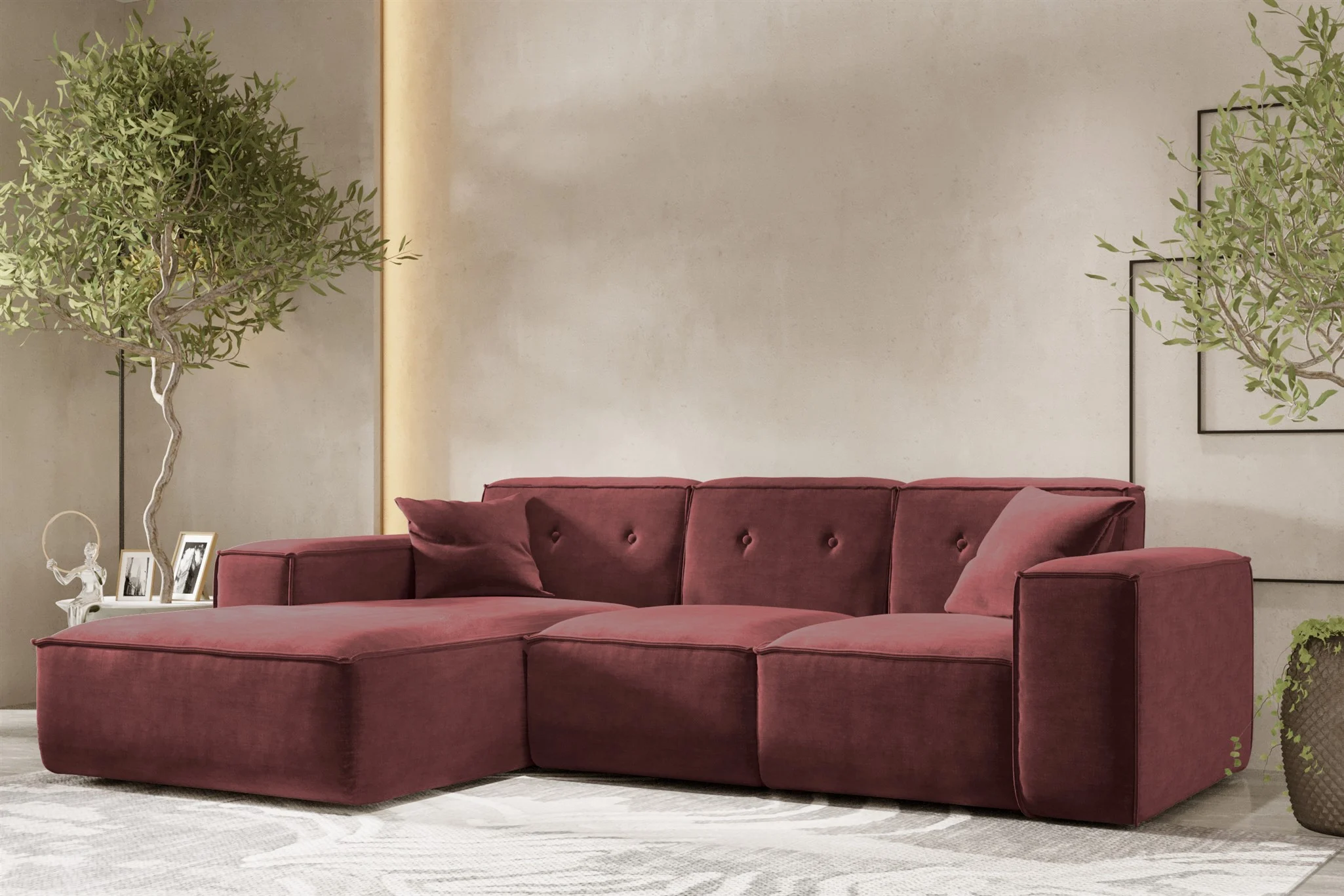 Ecksofa Designersofa CESINA Stoff Perfect Harmony Bordeauxrot Ottomane Links - Fun Möbel