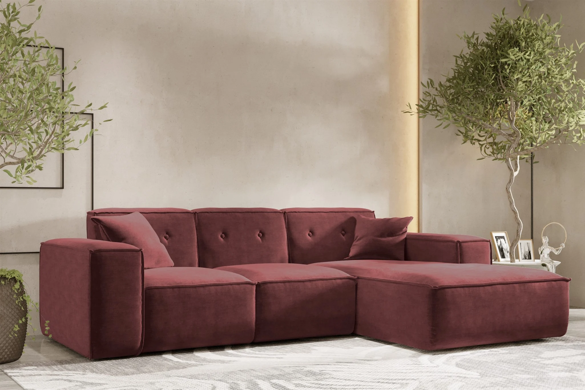 Ecksofa Designersofa CESINA Stoff Perfect Harmony Bordeauxrot Ottomane Rechts - Fun Möbel
