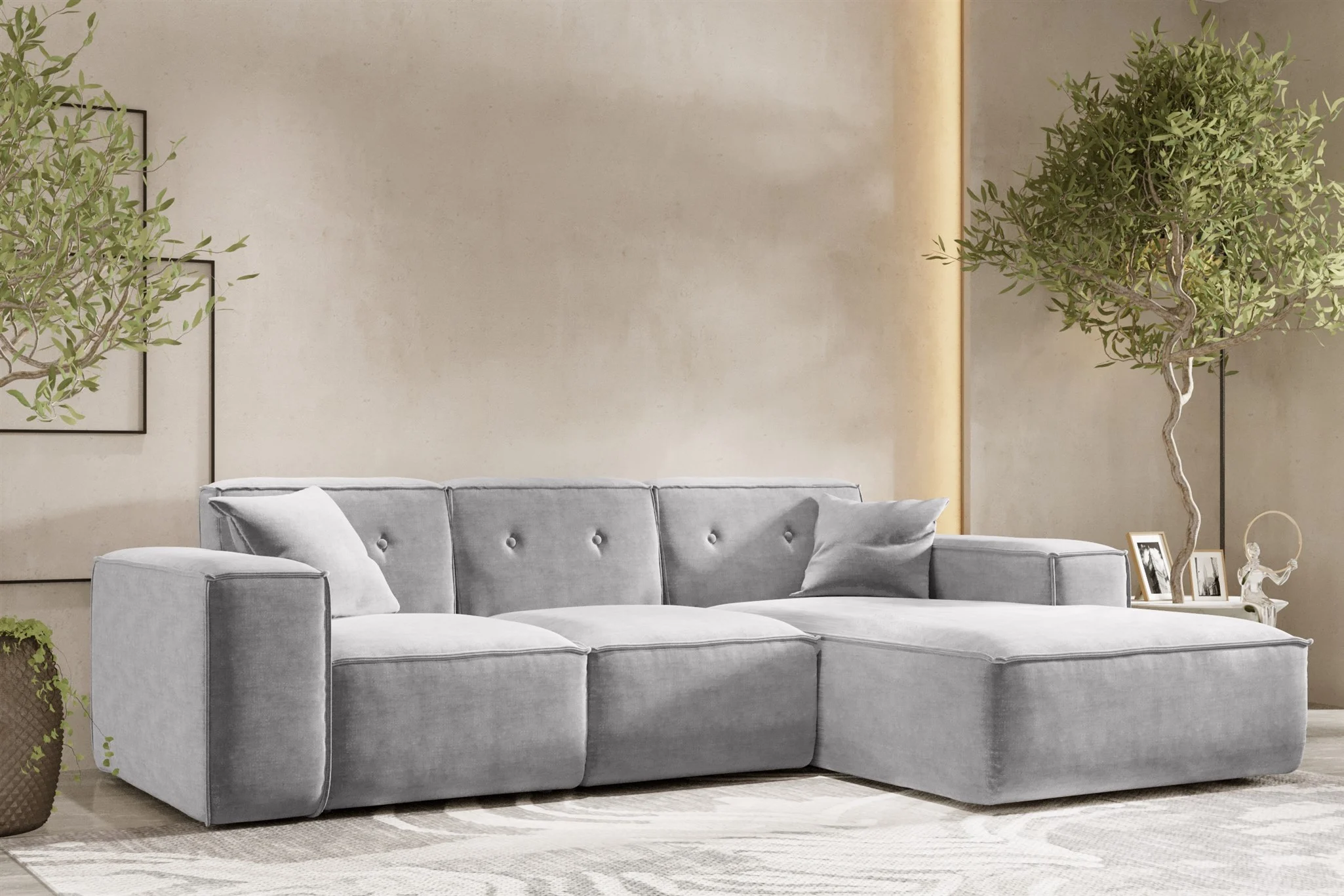 Ecksofa Designersofa CESINA Stoff Perfect Harmony Grau Ottomane Rechts - Fun Möbel