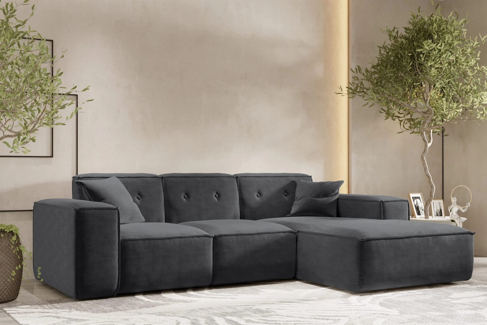Ecksofa Designersofa CESINA Stoff Perfect Harmony Anthrazit Ottomane Rechts - Fun Möbel