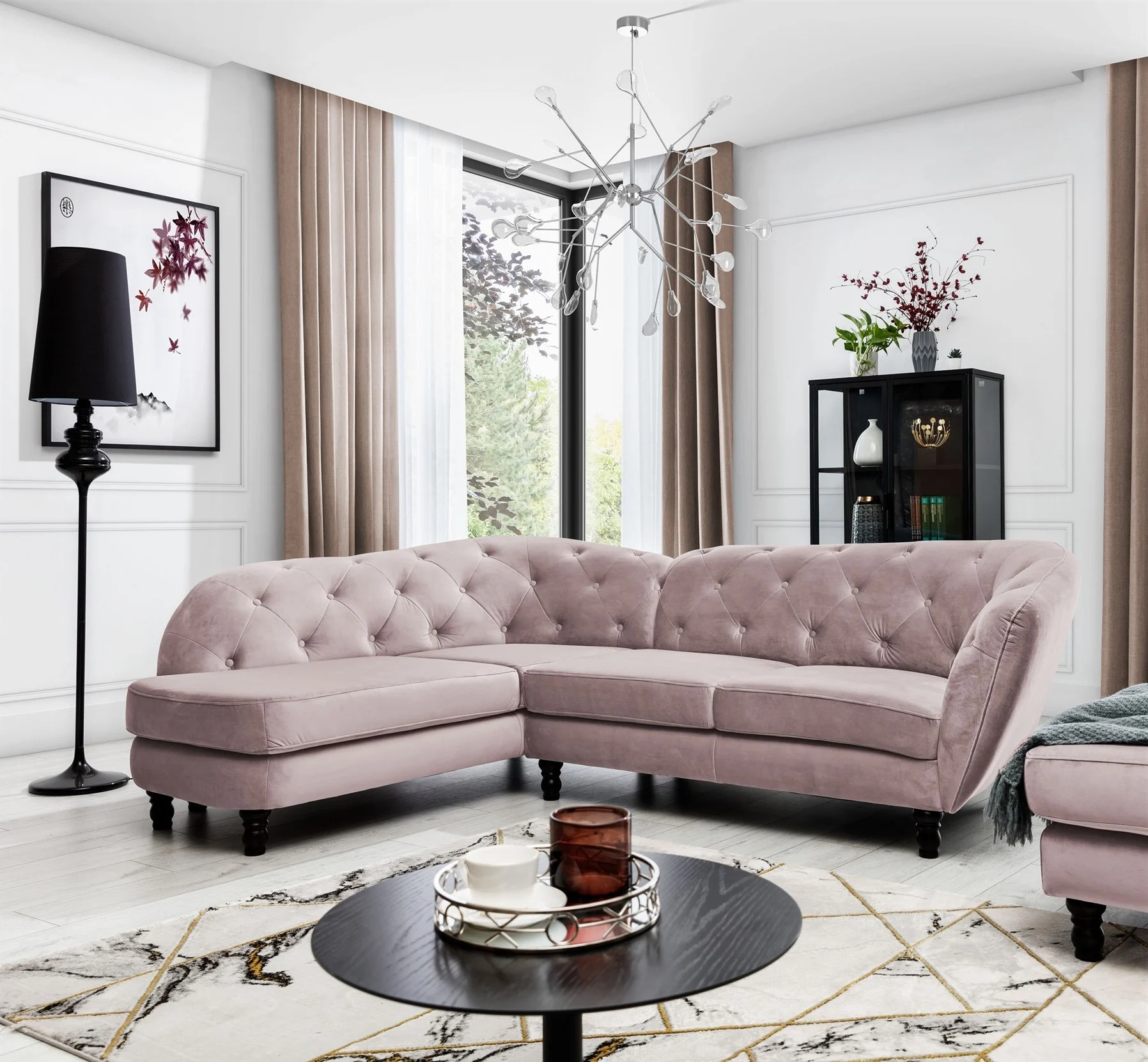 Ecksofa Designersofa CHARLOTTE in Stoff Matt Velvet Altrosa Ottomane Links - Fun Moebel