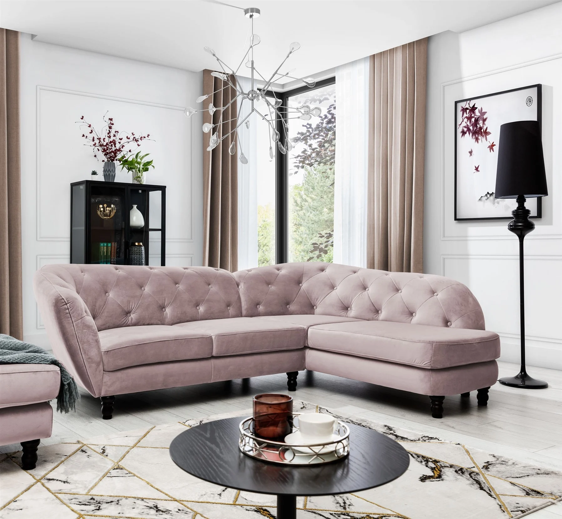 Ecksofa Designersofa CHARLOTTE in Stoff Matt Velvet Altrosa Ottomane Rechts - Fun Moebel